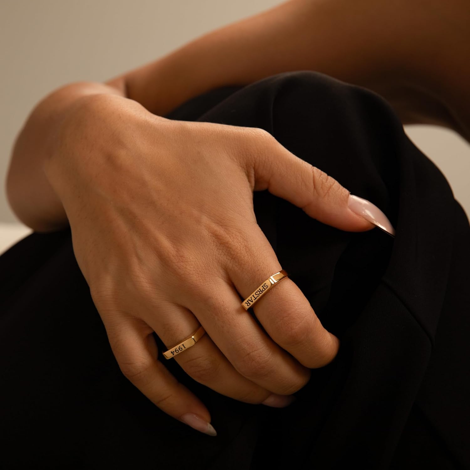 MignonandMignon Custom Name Personalized Signet Ring Roman Numeral Coordinates Bar Stackable Women Gift for Mom