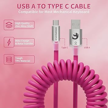 MAMBASNAKE C01 Ultra RGB Coiled Keyboard Cable,Pro Custom USB-C Aviator Cable for Gaming Keyboards,Stable Dual-Sleeved Design,2m Type-C to USB-A Hyper-Speed,Detachable Metal Aviator (Berry Red)