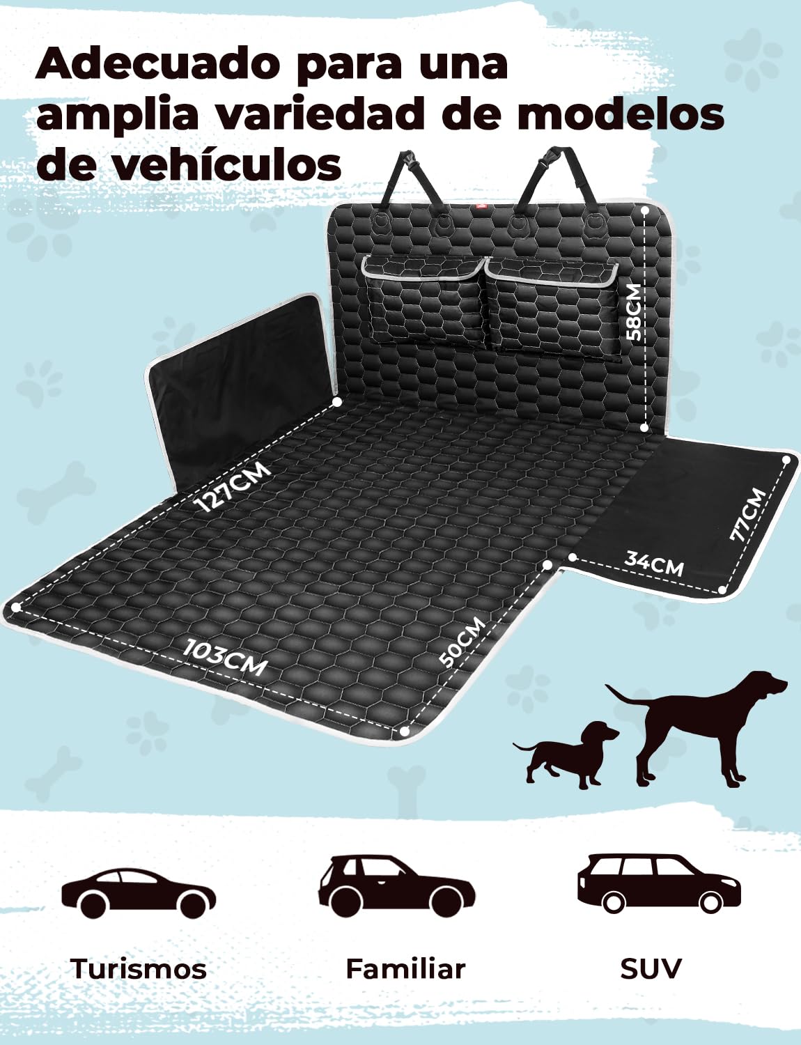 Oasser Protector Maletero Coche Perro 185x103cm con 2 Bolsillos, 600D Impermeable Antideslizante Antipolvo con Protección Lateral y Parachoques, Fácil de Limpiar, Universal para Coches y SUV