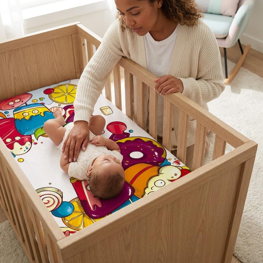 Sábana bajera ajustable para cuna de bebé, 100 % algodón, suave, transpirable, elástica, para cuna de tamaño estándar, ropa de cama de guardería, certificado Oeko-TEX, adorable patrón de dulces para
