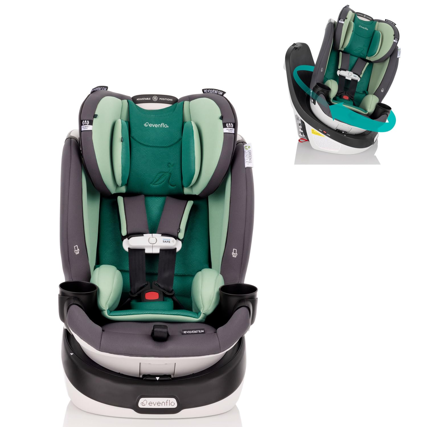 Evenflo Gold Revolve360 Slim 2-in-1 Rotational Car Seat with Green & Gentle Fabric (Peridot Green) Gold Revolve Slim w/SensorSafe Peridot Green