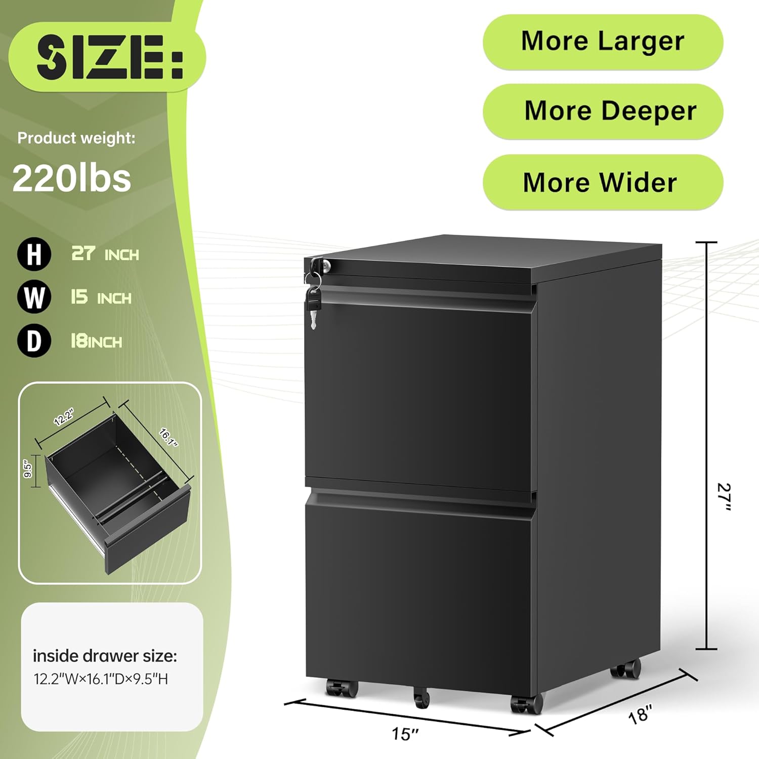 Crownland Office Mobile File Cabinet with Lock, Metal Filing Cabinets with 2 Drawers for Home Office, Lockable File Cabinet for Legal/Letter/A4/F4 Size(Black)
