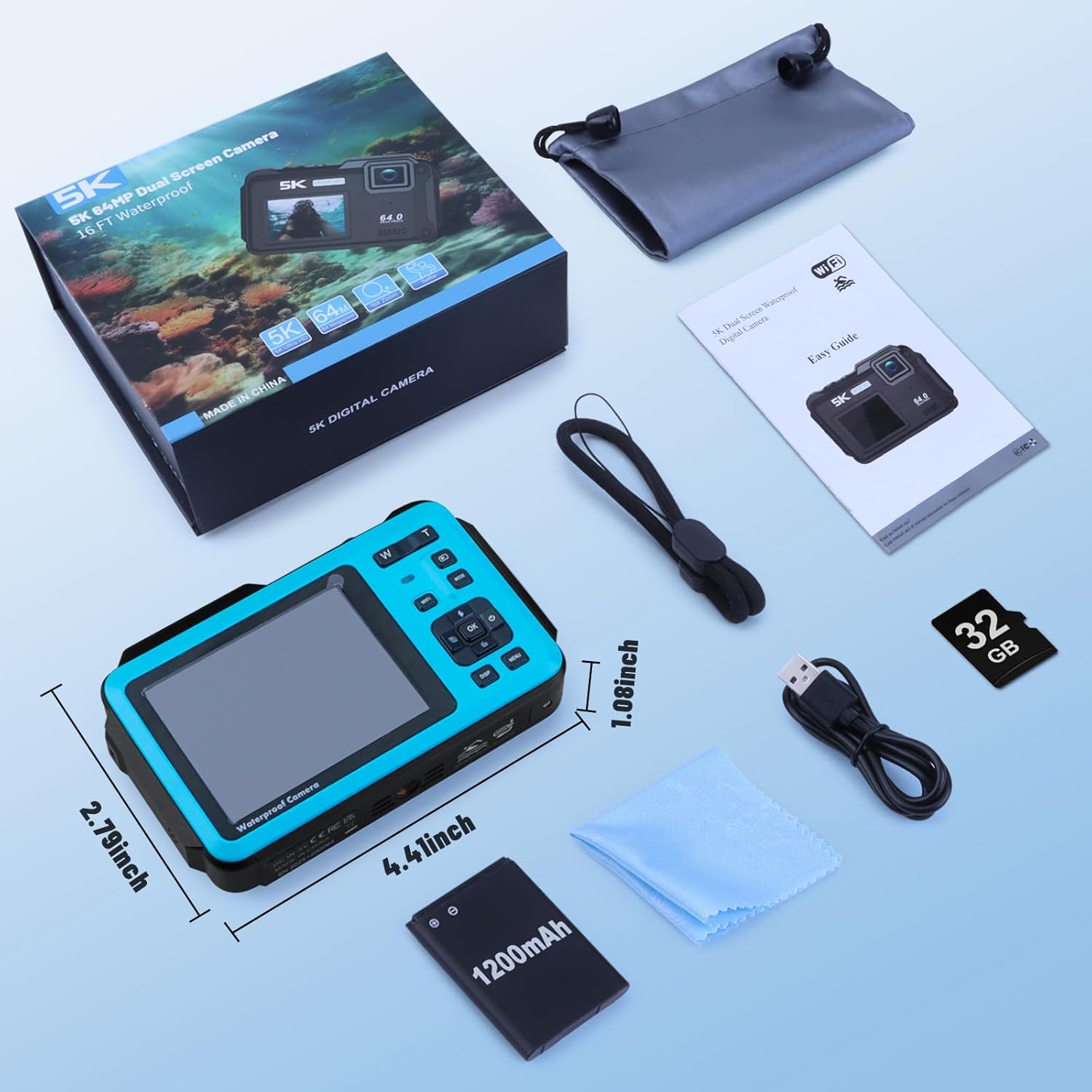 5K Underwater Digital Camera,64MP Waterproof Camera,16FT Floating Camera for Snorkeling,Scuba Diving,Surfing,Swimming & Kayaking,Autofocus,Dual-Screen,16X Zoom,Fill Light,32GB Card,Type-C Rechargeable