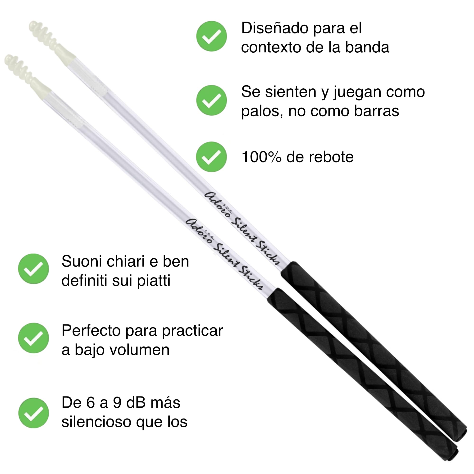 Adoro Baquetas silenciosas, ideales para música acústica, volumen bajo con sonido completo, no necesita protección acústica.