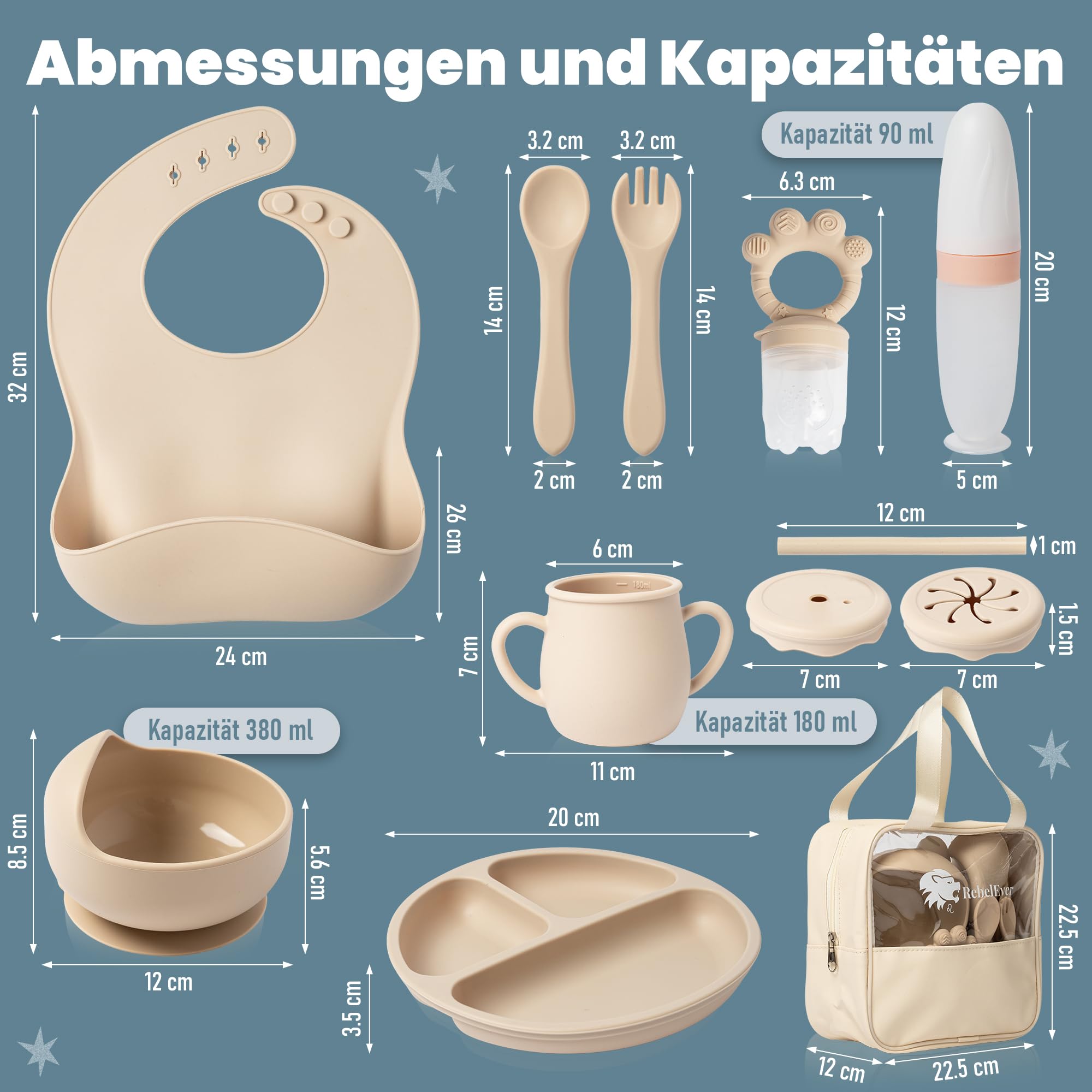 Kindergeschirr set aus Silikon mit Transport oder Aufbewahrungstasche - Kinderbesteck ab 1 jahr - Beikost baby zubehör - Fruchtsauger Baby - Esslernlöffel Baby mit Squeeze Flasche