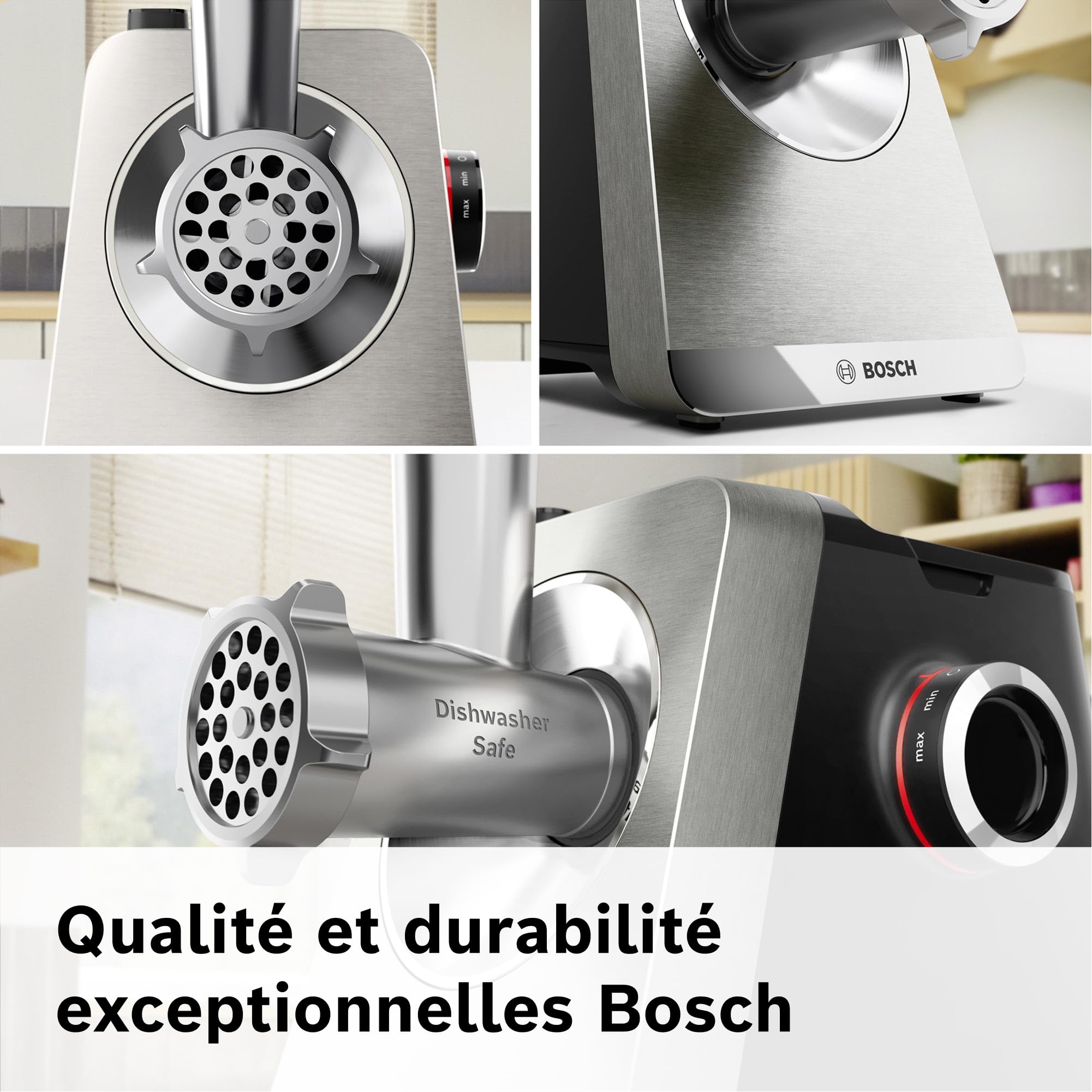 Bosch MultiPower Série 8, hachoir multifonction, puissance moteur bloqué 2500 W, hachoir à viande, râpe, accessoires saucisse et kebbe, noir, MFWS840M