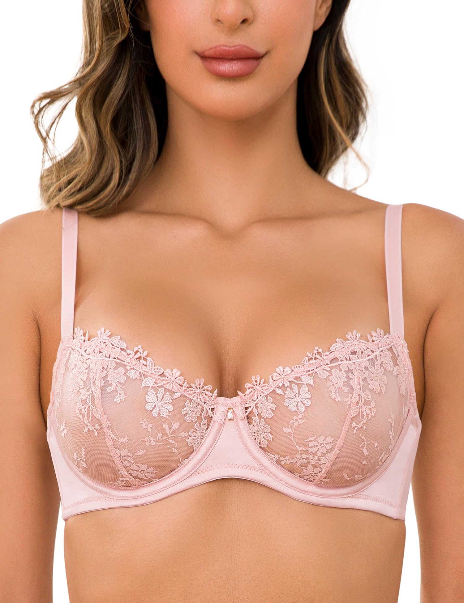 Wingslove Women's Sexy Lace Bra Demi Sheer Mesh Balconette See Through Bralette Unlined Underwire Embroidered: 40C Pink