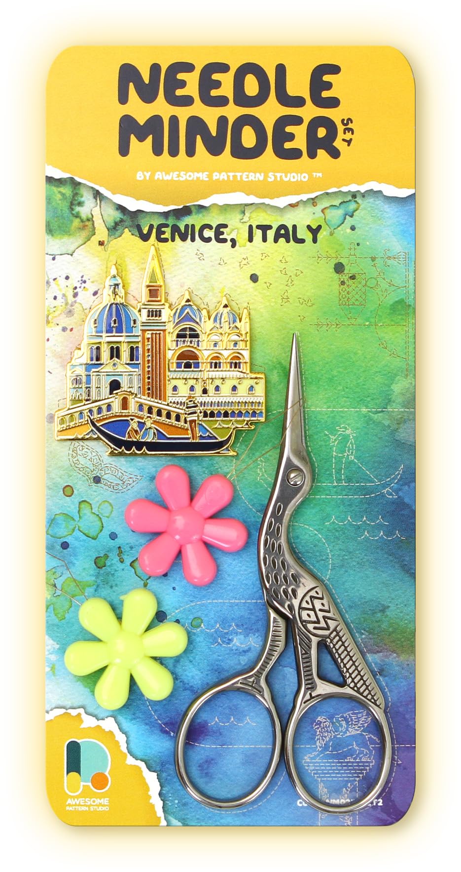 Awesome Pattern Studio Needle Minder Set – Venice Magnetic Needle Minder + 2 Needle Threaders + Crane Scissors. Enamel Pin for Cross Stitch, Embroidery and Craft