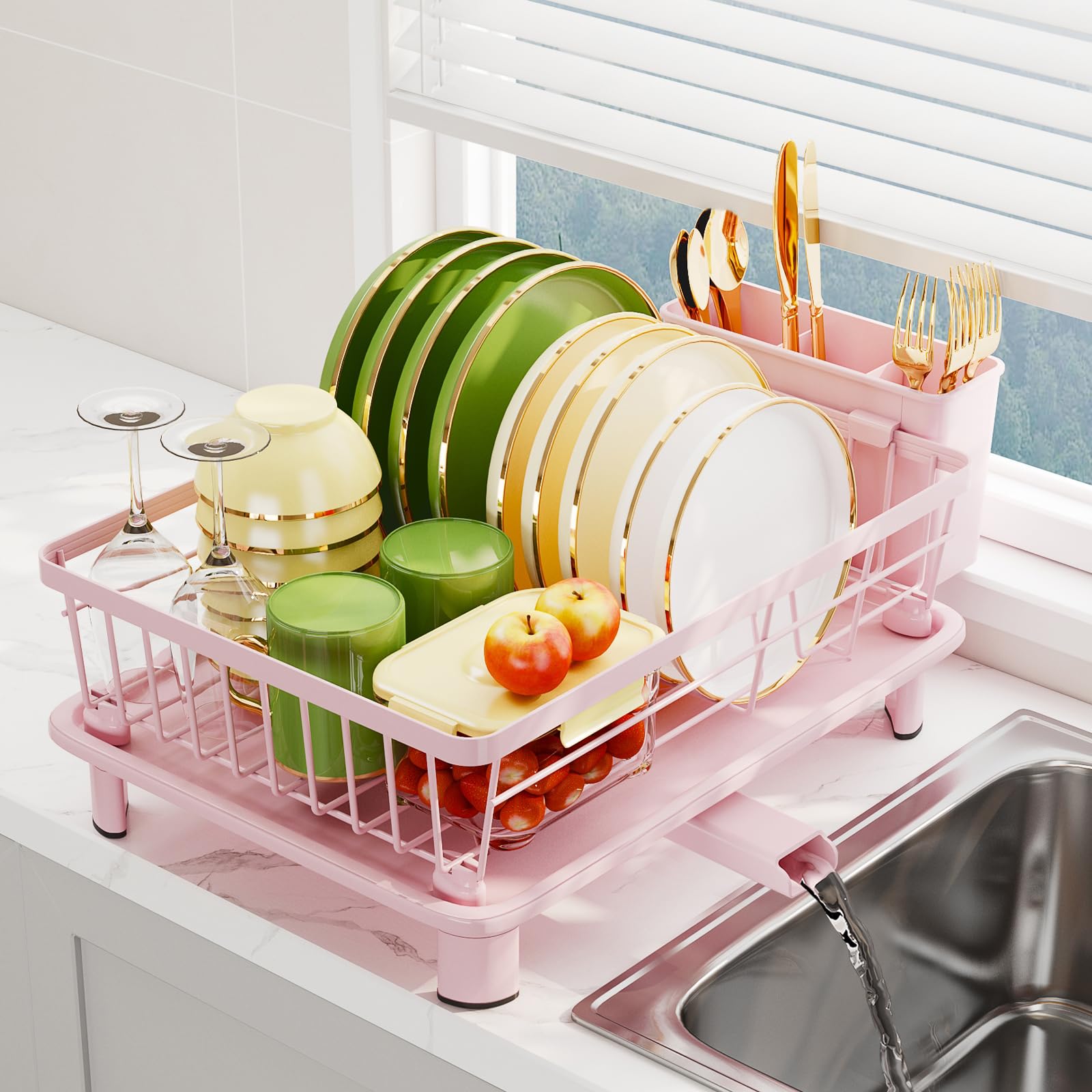GHERISN Égouttoir à vaisselle avec plateau d'égouttement, égouttoir à vaisselle avec bec de drainage, égouttoir à vaisselle en acier inoxydable avec tasses, ustensiles et planches à découper pour