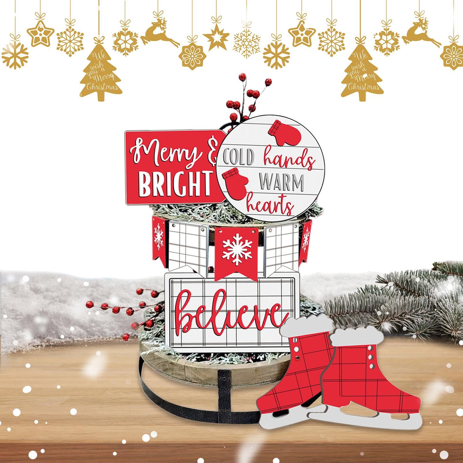 Anulely Decoración de bandeja de Navidad – Decoración de bandeja escalonada de granja, letrero de estilo navideño lleno de ambiente rústico y campestre para estantes, mesa de entrada, chimenea o mesa