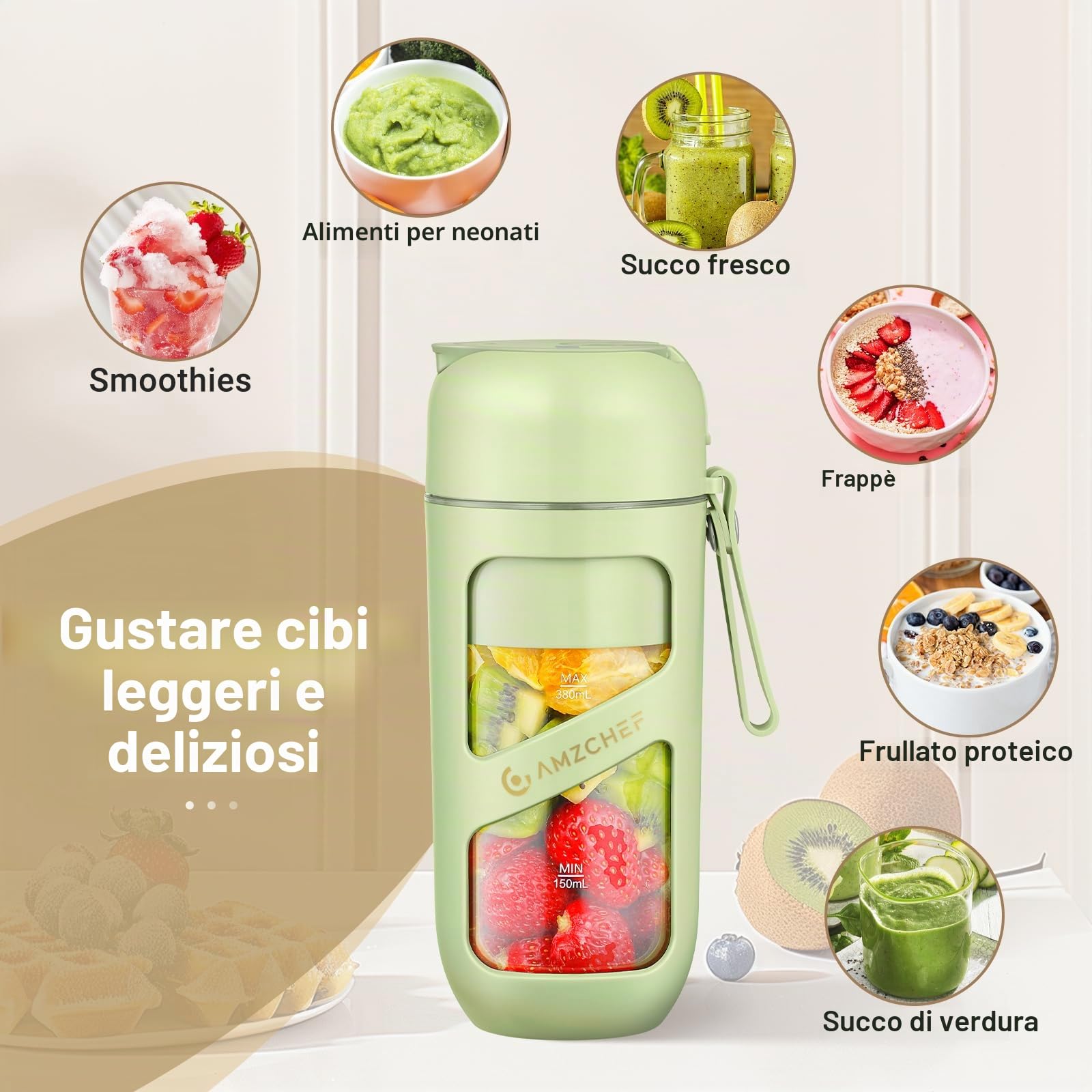 AMZCHEF Frullatore Portatile Sottovuoto - Frullatore Portatile USB Ricaricabile per Frullati e Smoothie - Mini Frullatore Elettrico con 10 Lame per Sport, Viaggi, Escursionismo