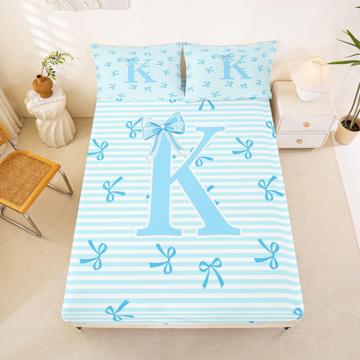 Homewish Spersonalizowane prześcieradła z literą K podwójna urocza niebieska kokarda zestaw pościeli marzycielska księżniczka kokarda zestaw pościeli - Kawaii kokardki dziewczęce dopasowane płaskie