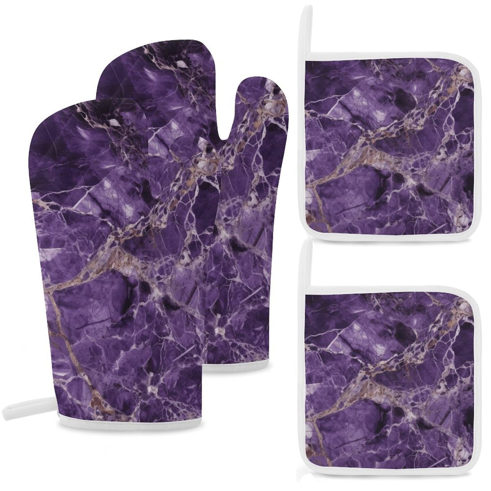 Marble Purplem Oven Mitts and Pot Holders Sets Heat Resistant Oven Glove with Hanging Loop for Baking Cooking BBQ Thicken Potholders for Kitchen