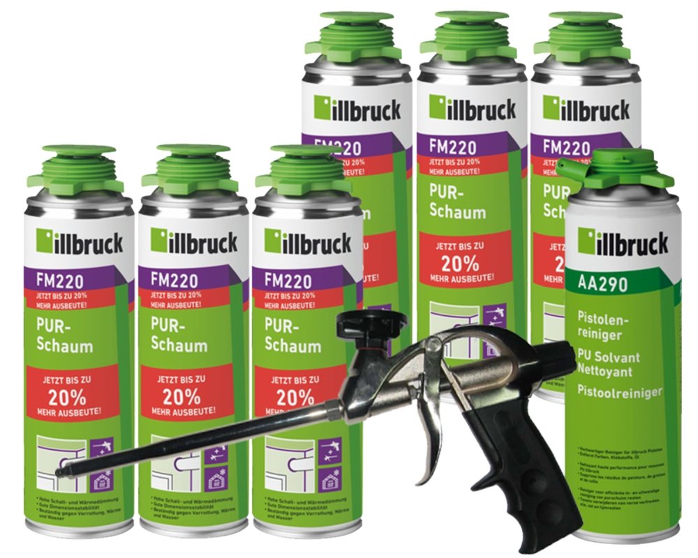 illbruck - Juego profesional de 6 botes de espuma de poliuretano FM220 de 500 ml, limpiador AA290 y pistola de espuma profesional