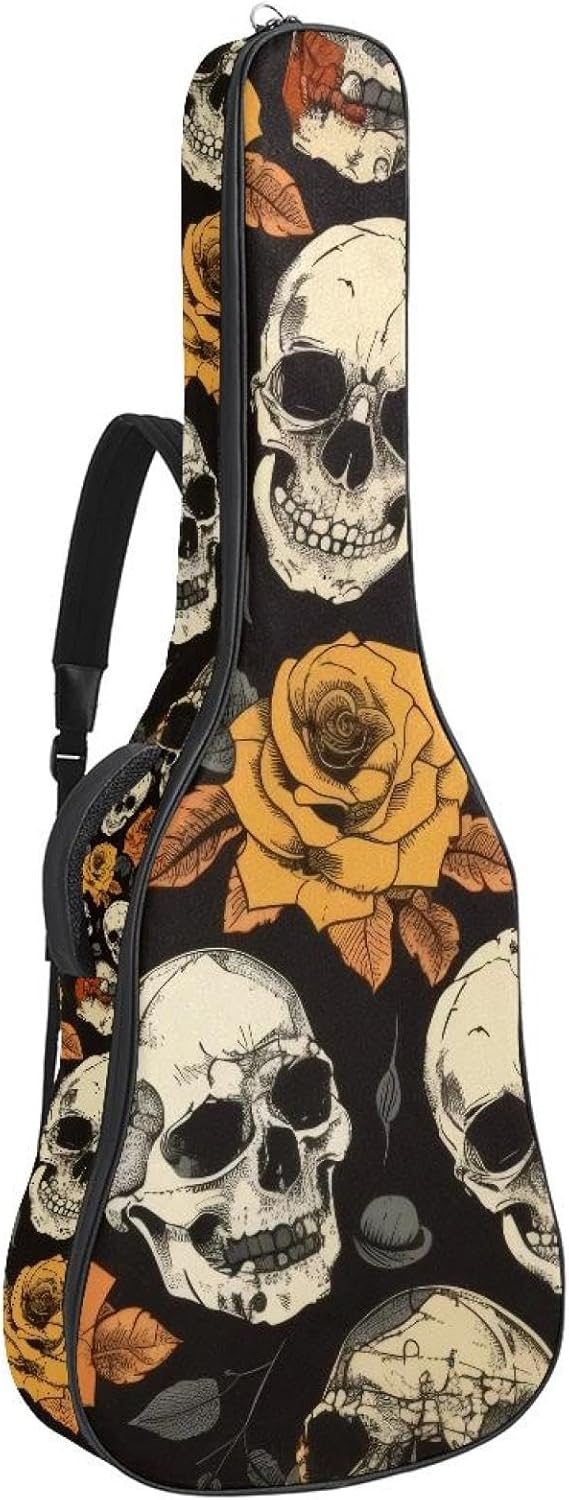 40 41 42 Inch Acoustic Guitar Bag, 0.4 In Thick Sponge Padded Guitar Case Gig Bag with Back Hanger Loop and 2 Pockets, Seamless Skulls and Roses