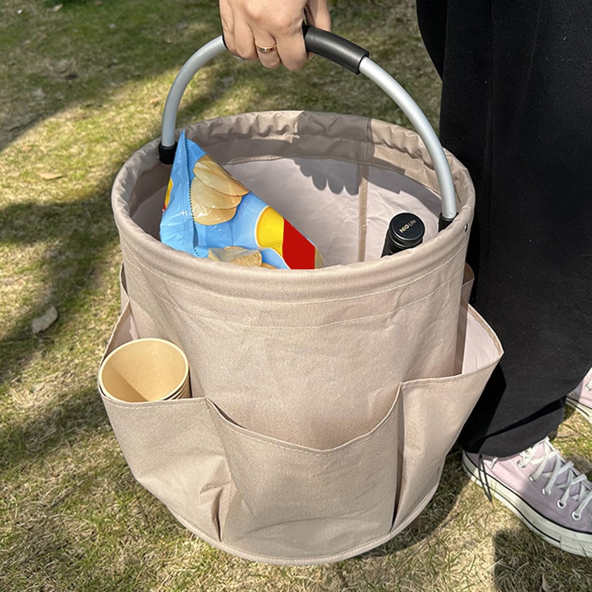 Zhufas Cestino porta Attrezzi con 6 Tasche Esterne,Contenitore Organizer per La Pulizia Professionali,Borsa per la casa, Shopping, i Picnic, Borsa per Attrezzi da Giardino 17L (Cachi