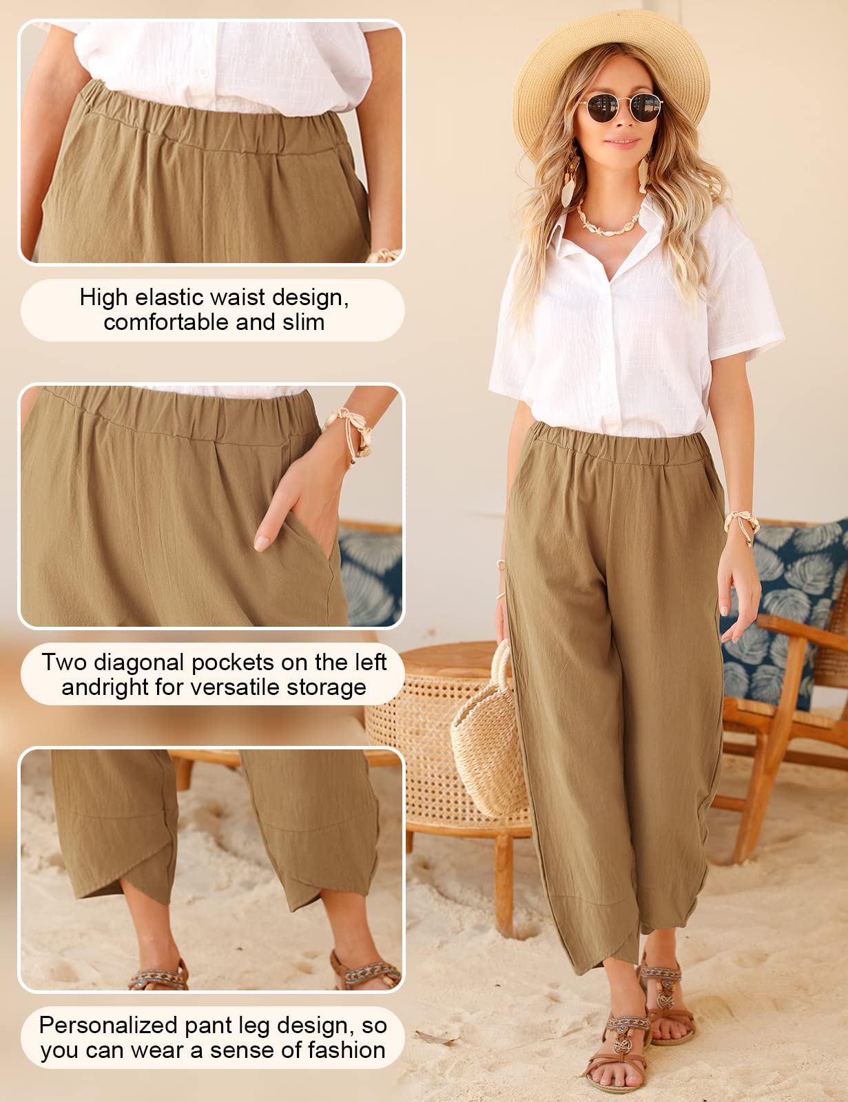 Yuson Girl Pantaloni Donna Pantaloni Estivi Donna Leggeri Pantaloni Larghi Lino Vita Alta Pantalone con Tasche Pantaloni di Svago Panno di Lino da con Fascia Elastica
