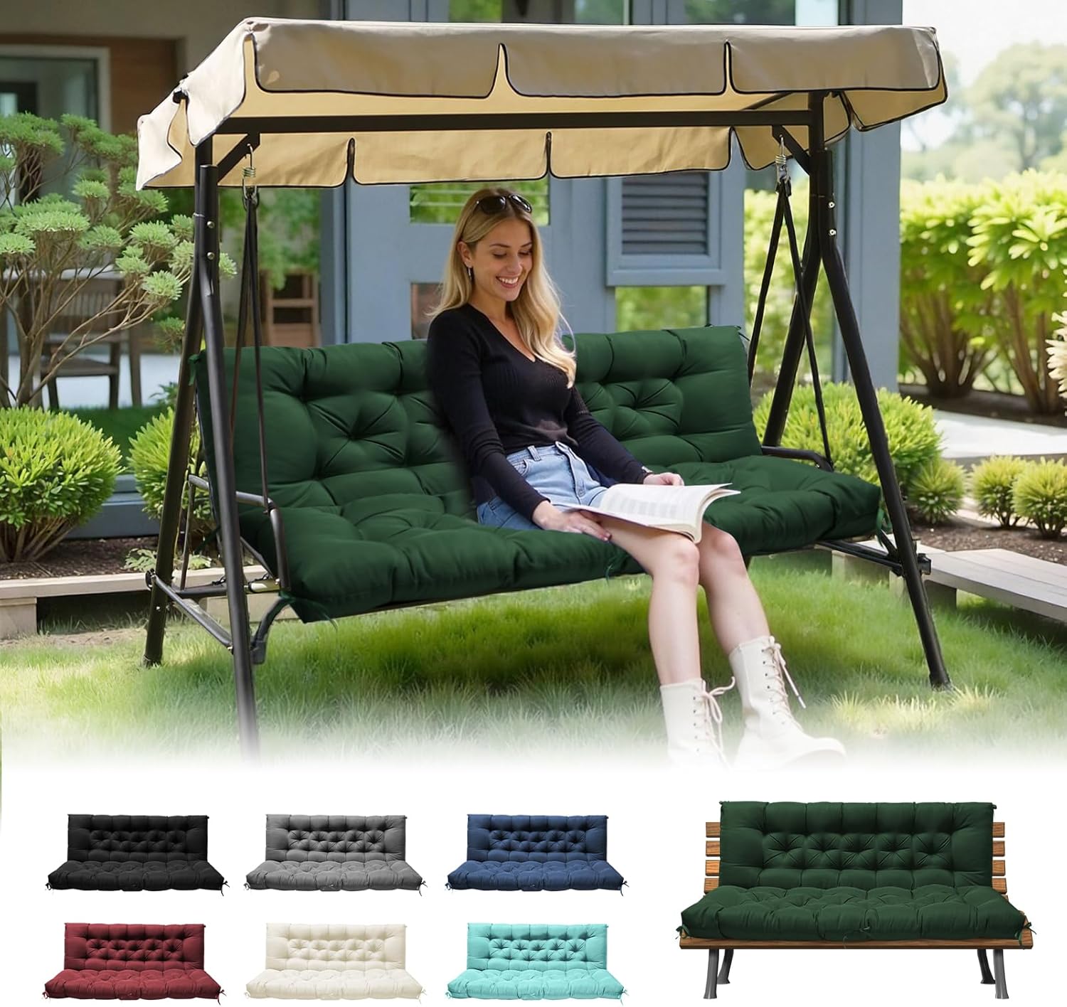 DANGHOOGY Porch Swing Cushions, Waterproof Outdoor Swing Cushions for Patio Furniture with Backresk, 2-3 Seater Thickened Patio Swing Replacement Cushion 60×40" (Green)