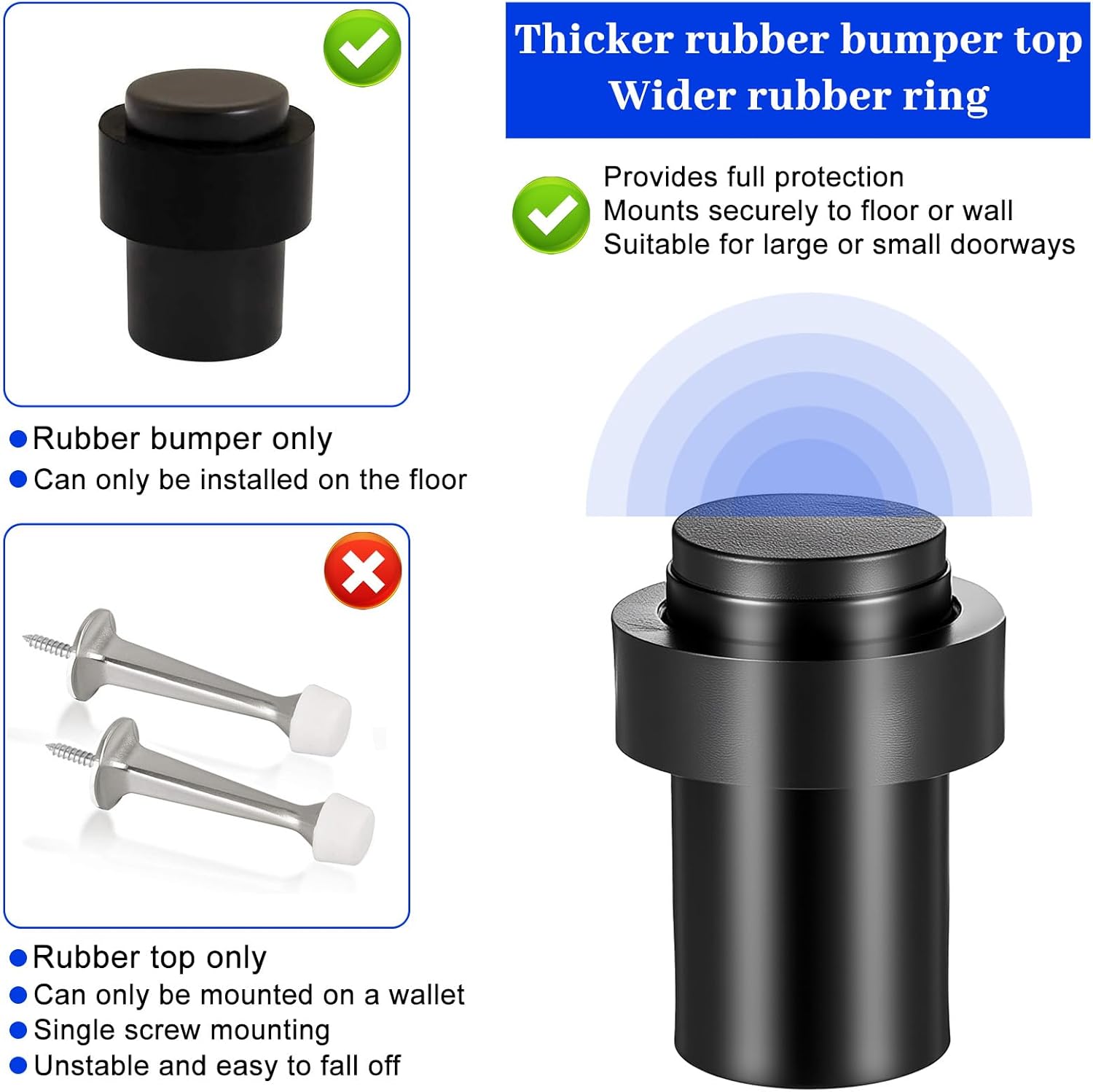 10 Pack Black Floor Door Stopper Cylindrical Door Stops 2.4'' Stainless Steel Floor Mounted Doorstops with Rubber Bumper Modern Decorative Doorstopper Wall Protector for Bottom or Top of Doors
