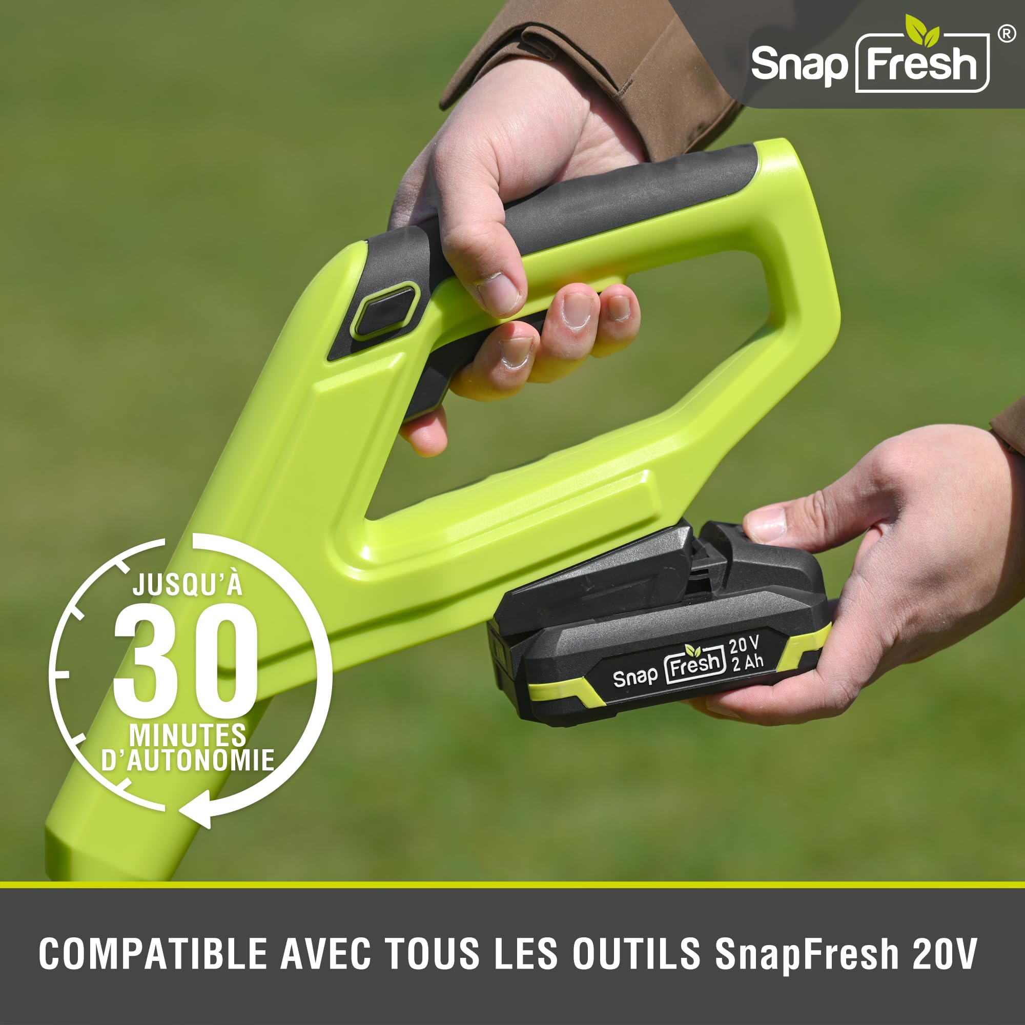SnapFresh Coupe-Bordures Taille Dresse-Bordures à Fil Diam. de Coupe 30,5 cm Électrique 20V Débroussailleuse sans Fil avec Batterie, 2 Bobines de Fil 2mm x 4,5m, Tube Télescopique, Poignée Réglable