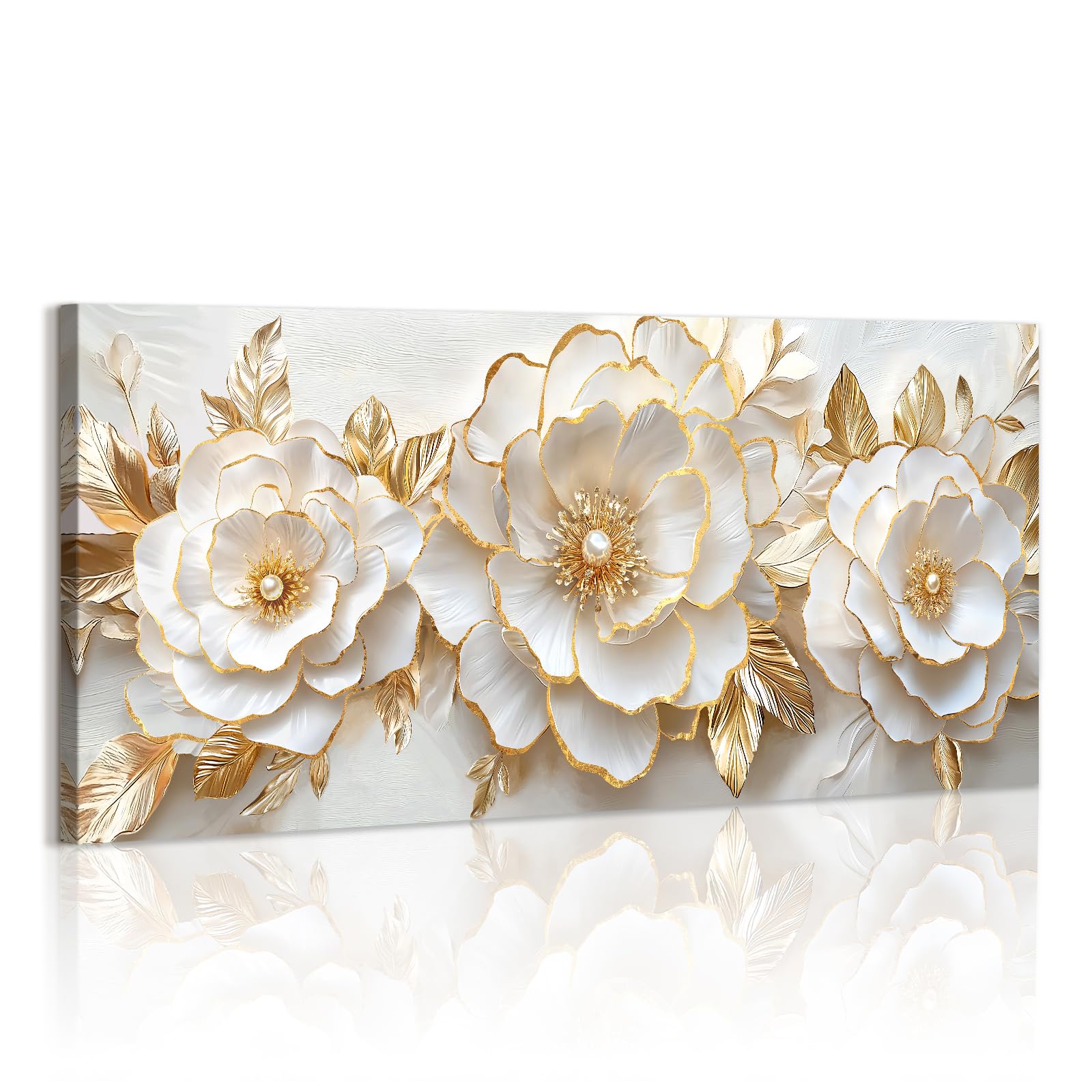 WENGTIAO White Gold Peony Flowers Large Canvas Wall Art Framed — image 1