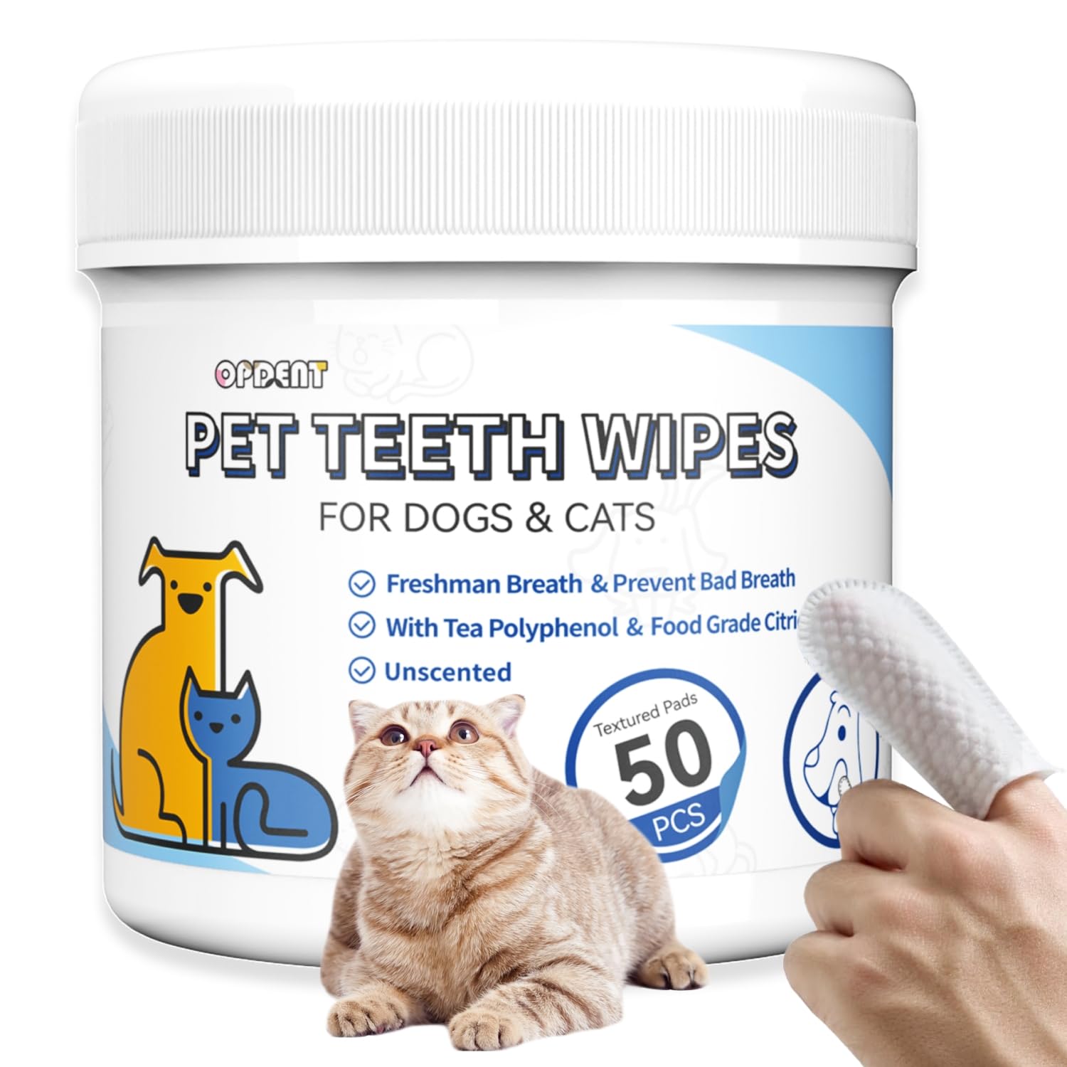 Dog Dental Wipes for Teeth Cleaning 50 Count, Unscented Pet Finger Toothbrush Alternative for Cats and Puppies, No-Rinse Breath Freshener with Coconut Oil