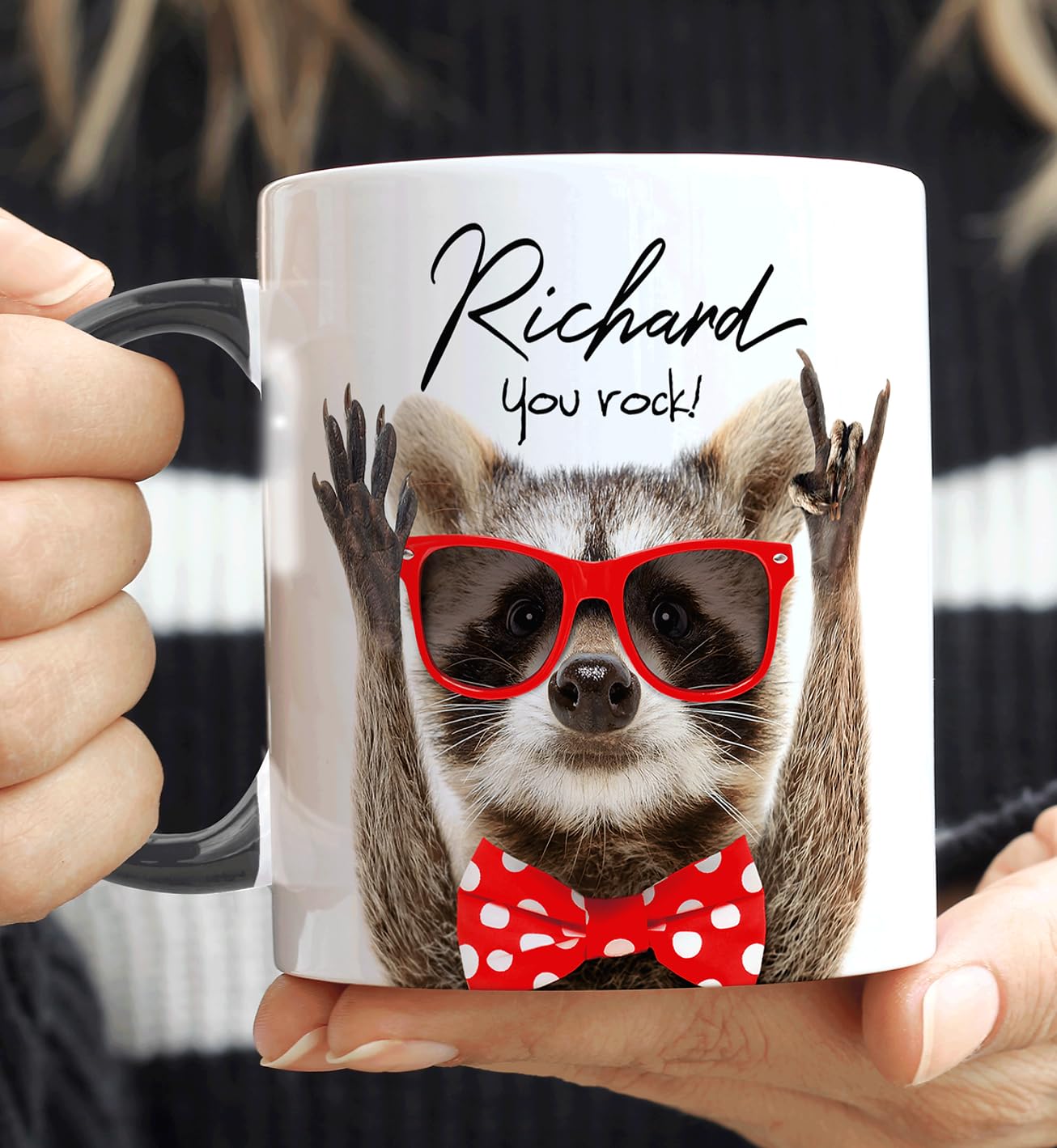 The Whistling Wren Personalised Raccoon You Rock Name Mug, Funny Appreciation Coffee Cup, Personalised Mug & Coaster Set