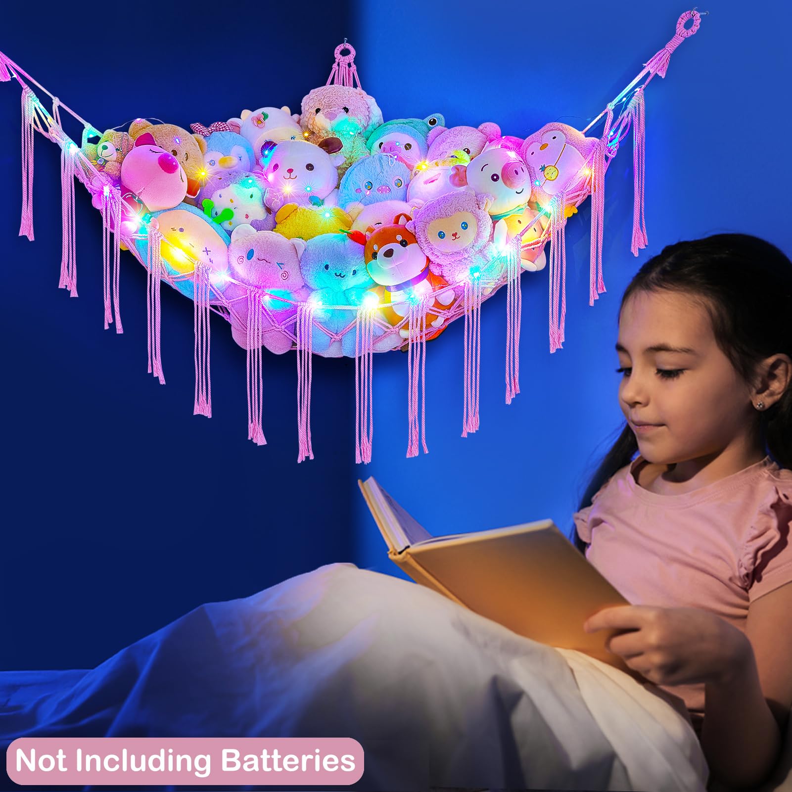 Basumee Stuffed Animals Net or Hammock with LED Light, Hanging Stuffed Animals Storage Toy Hammock Net Corner Wall Girls Room Decor Toy Storage Organizer, Pink, L