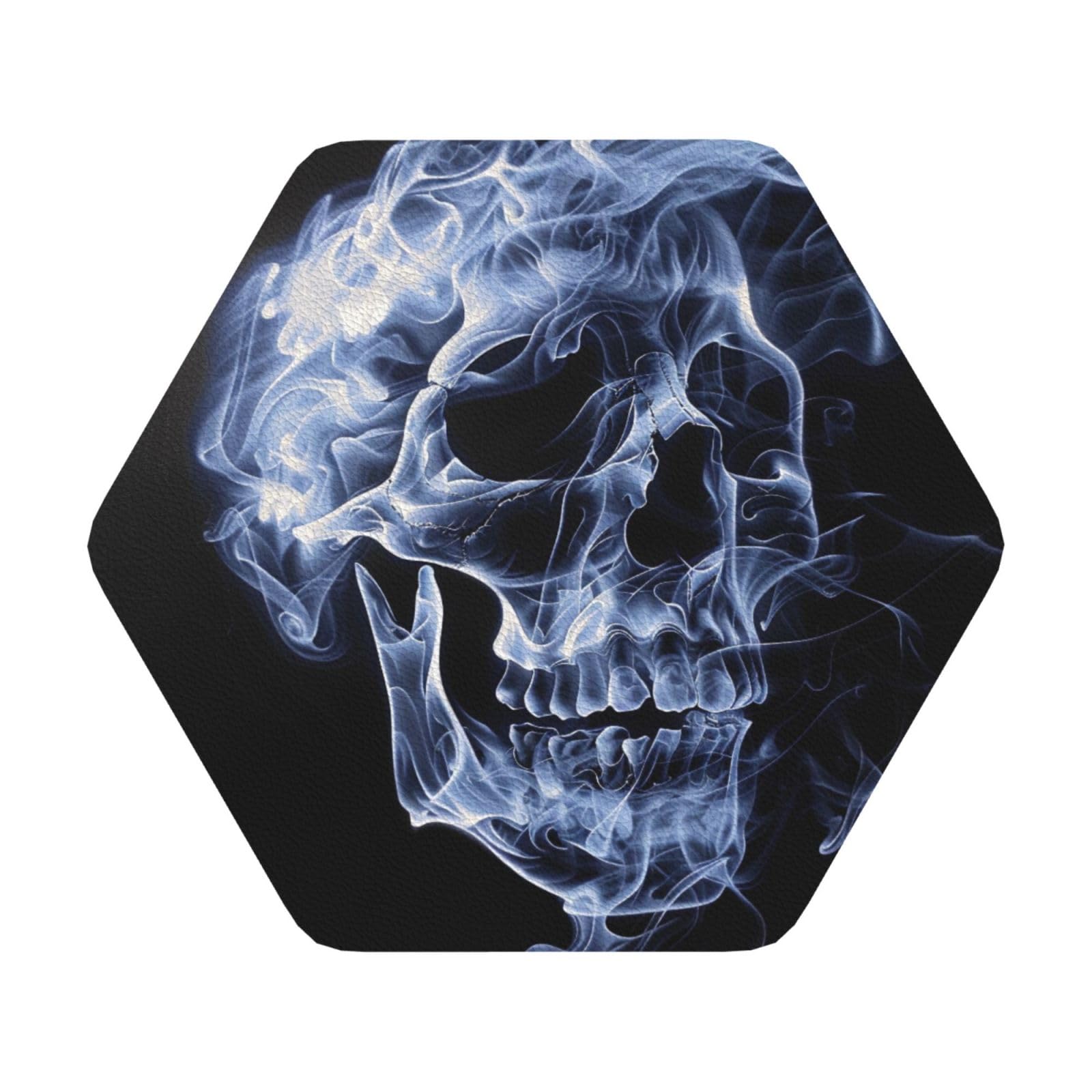 Skull Print Leather Coaster Set of 6, Hexagon Coasters Table Decorative Coffee Cup Beverage Coasters Wine Beer Bar Coasters for Hot Drinks Table Protection