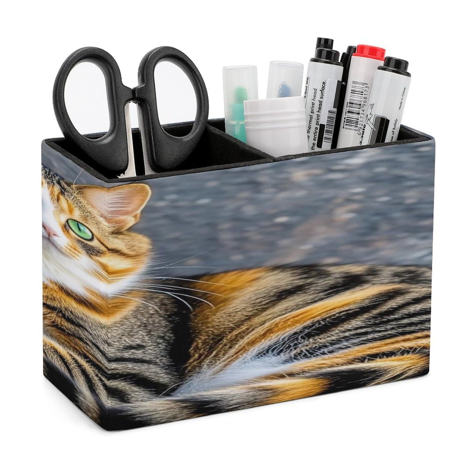 FekiLoot Cat Pen Holders for Desk Small Remote Control Holder Leather Pencil Cup with Double Compartments Desktop Organizer for Table Desk Office Space Saving