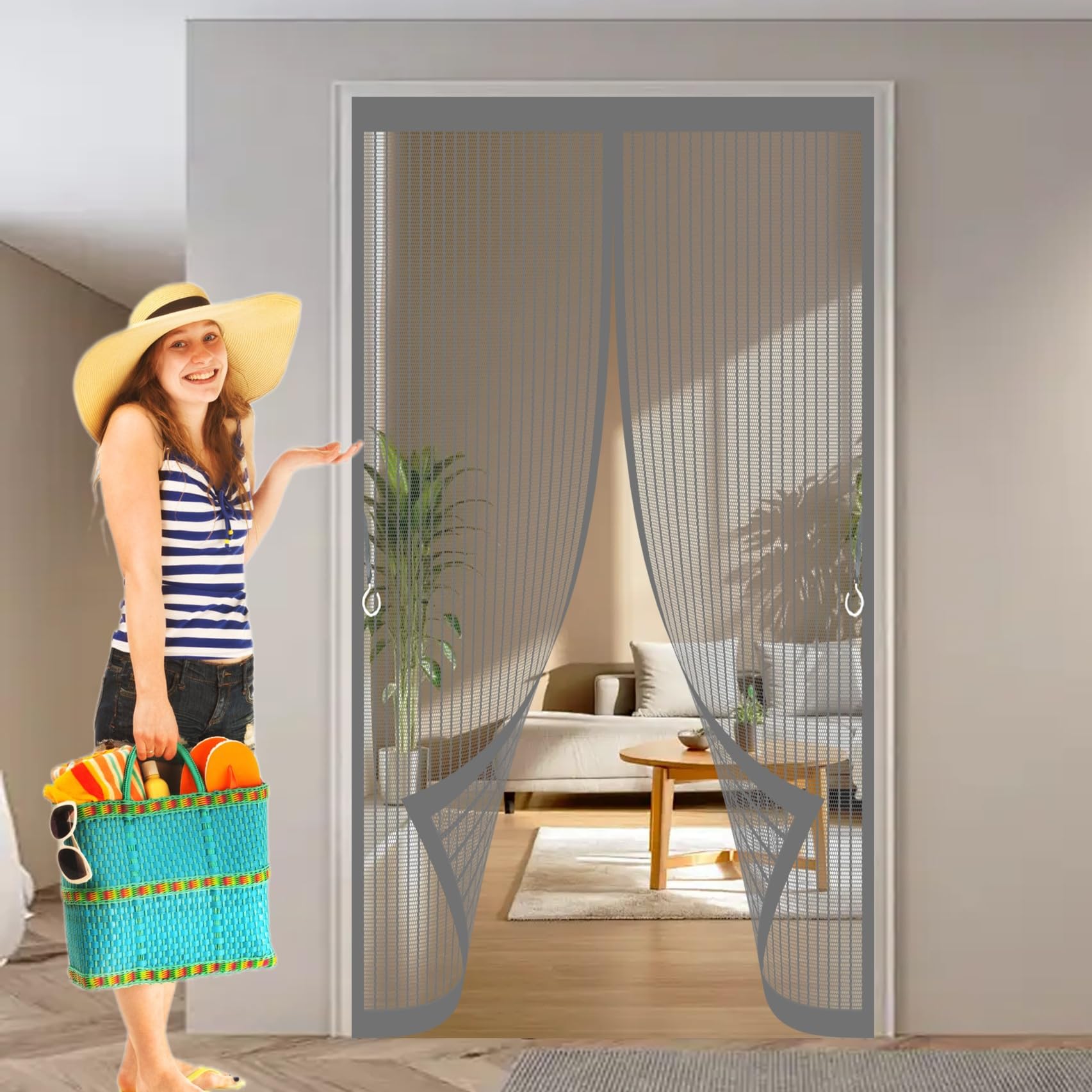 Xueqxue Grey Fly Screens For Doors 145 X 205 Cm With Powerful Magnets & Full Frame Magic Tape, Keep Bugs Out & Lets Fresh Air In Magnetic Fly Screens Duty Door Screen For Patio Doors Bedroom,