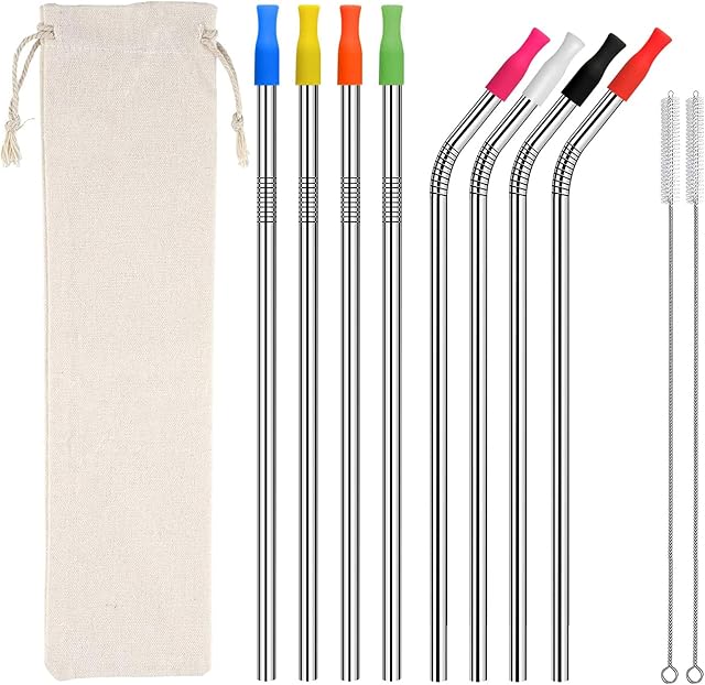 MVS Wholesale 19 Piece Set, 8 Reusable Eco Friendly Silver Metal Stainless Steel Drinking Straws, 2 Cleaning Brushes, 1 Storage Bag, 8 Silicon Tips 4 Straight, 4 Bent, Smoothie, Hot Drinks (SSS0101S)
