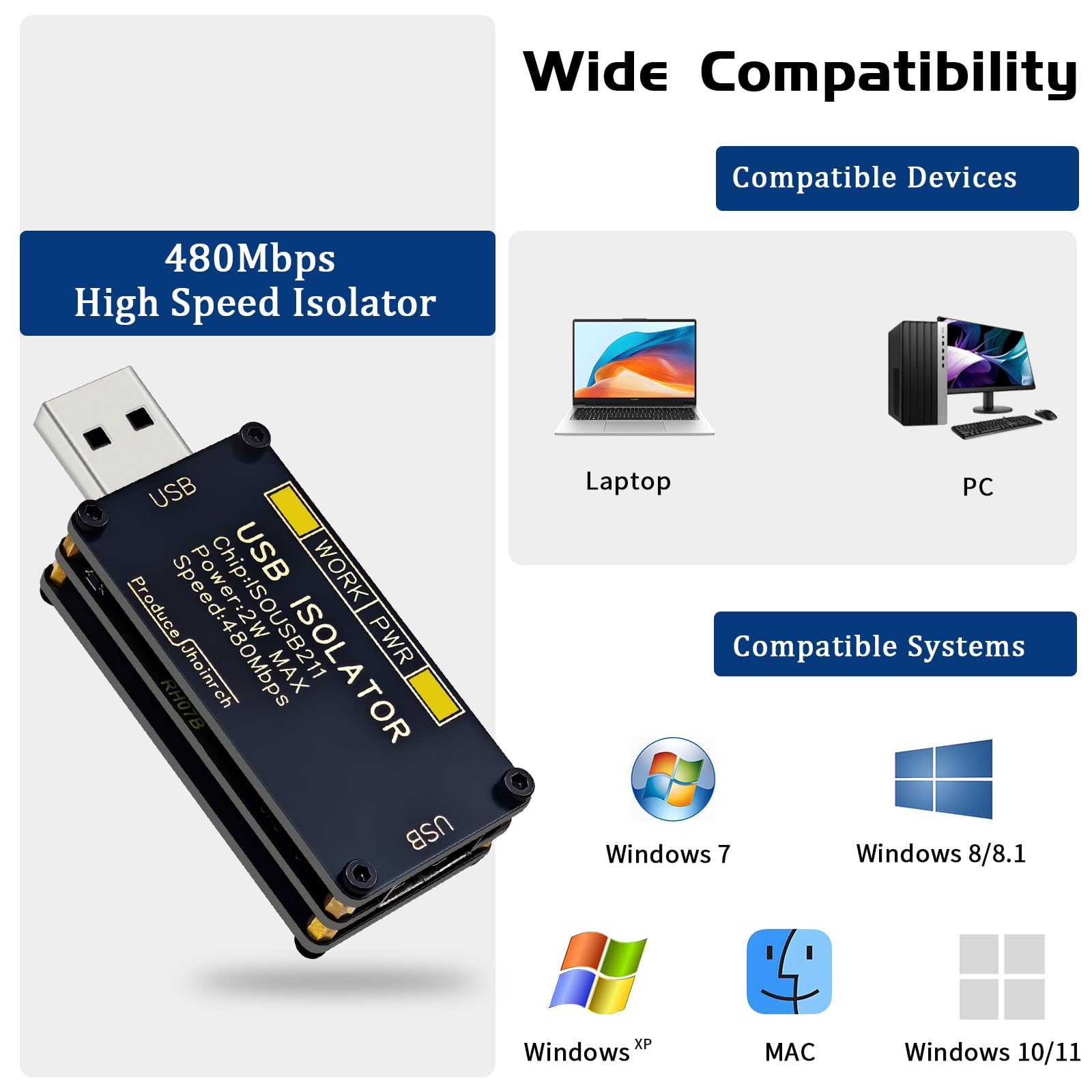 Isolatore ad alta velocità USB 2.0 da 480 Mbps supporta l'isolamento del segnale 5000 Vrms e l'isolamento di tensione 1500 V