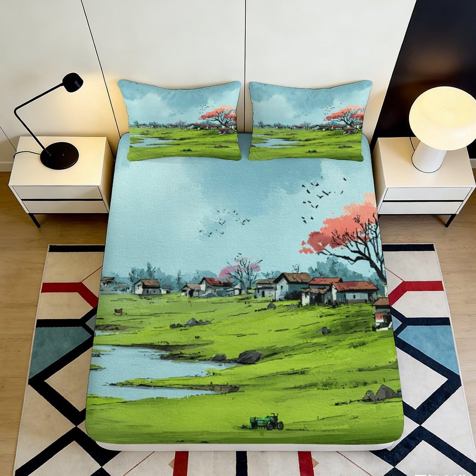 3D Printed Countryside Landscape Fitted Sheet Microfiber Soft Village Scene Mattress Cover for Bedroom Decor 90x200x25cm
