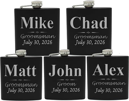 My Personal Memories Set of 1, 2, 3, 4, 5, 6, 7, 8 Personalized Black Flask - Custom Engraved Groomsmen, Best Man, Groom Gift Flasks - 3 Lines Style 5