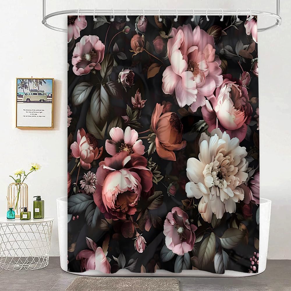 JEJOMEAG Black Floral Shower Curtain Retro Flower Blossom