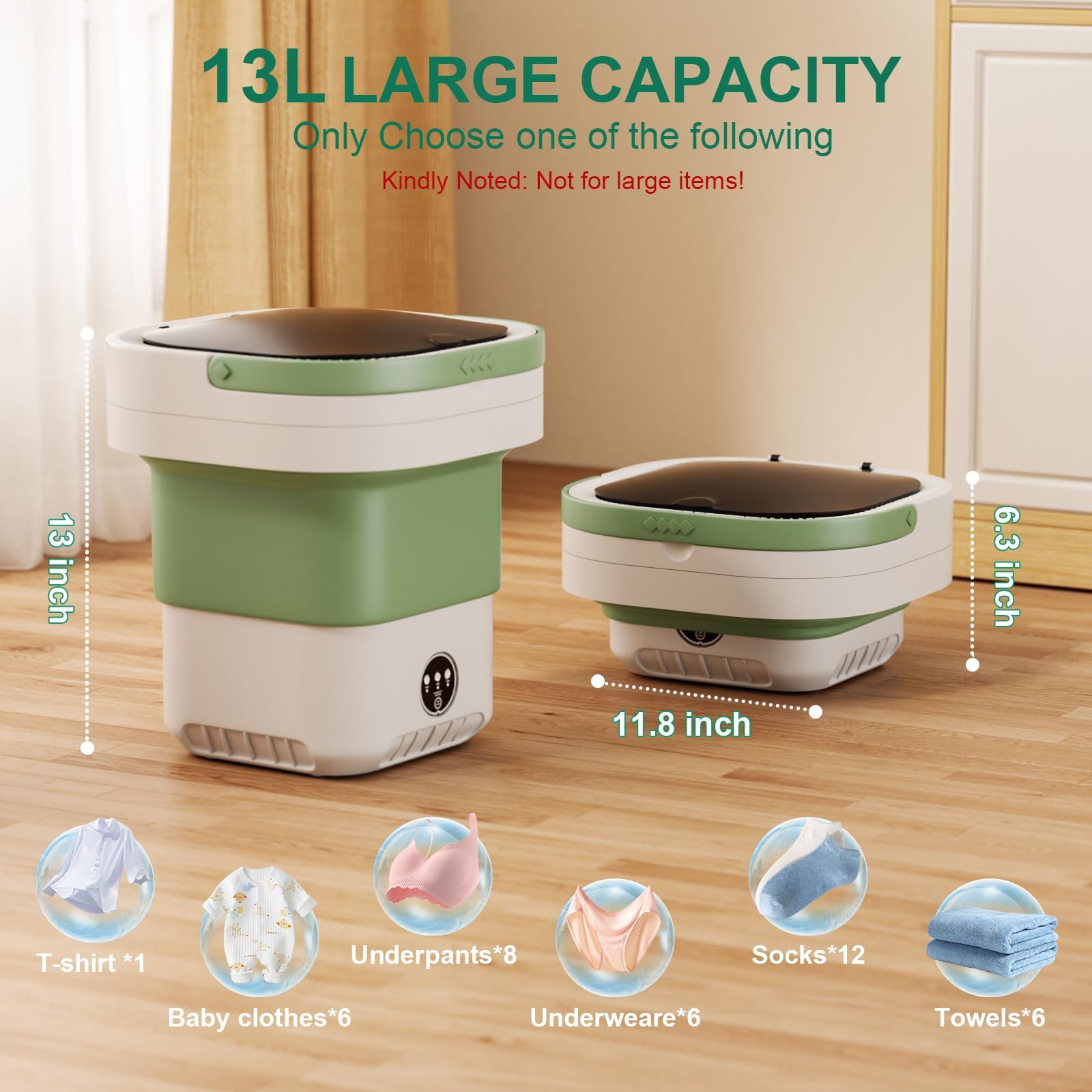 Lavadora portátil de 13 L, mini lavadora plegable de gran capacidad y secadora giratoria con limpieza profunda de ropa interior, ropa de bebé y ropa pequeña (verde)