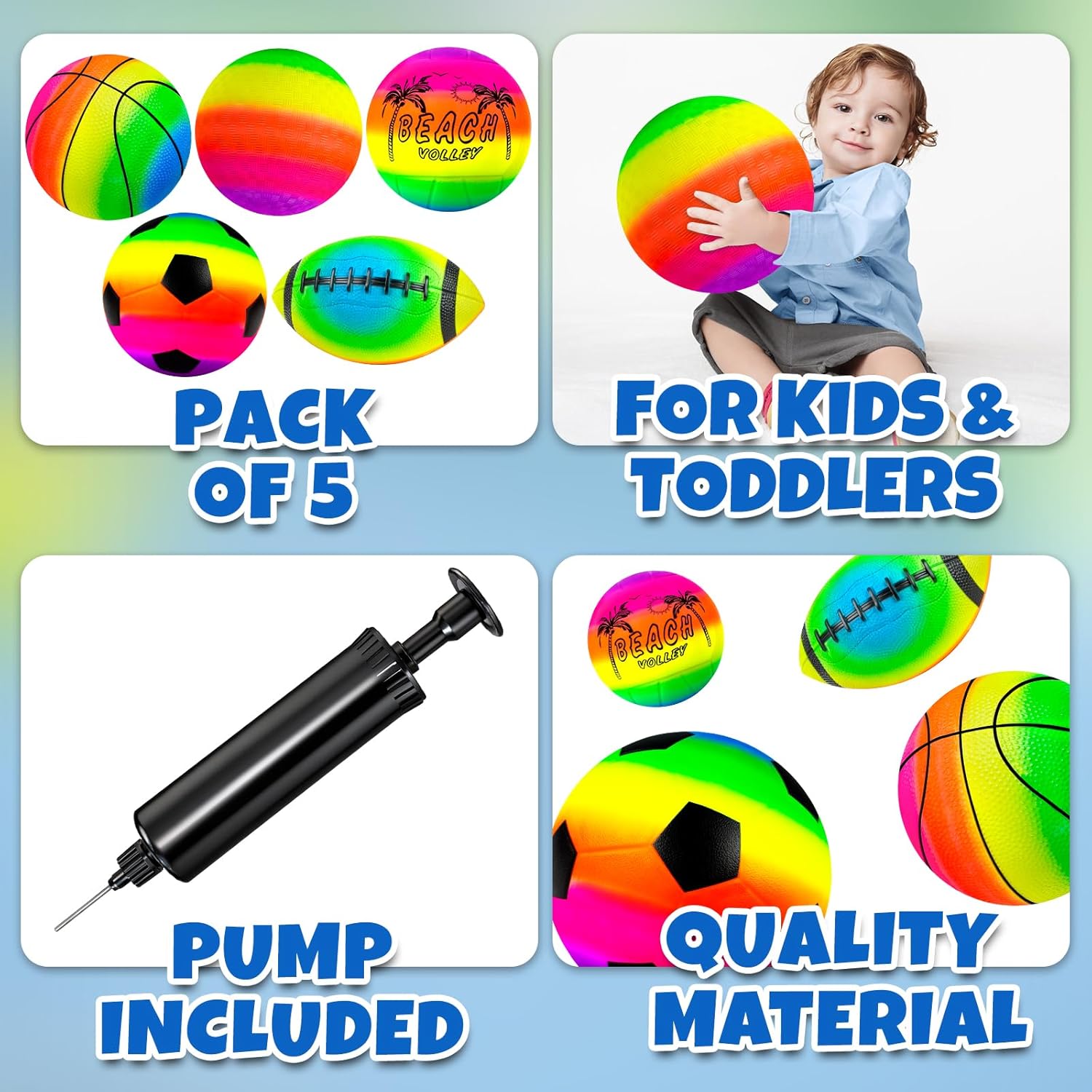 5 Pack Sports Balls Set for Kids & Toddlers - Includes 8.5'' Basketball Soccer Football Volleyball & Rainbow Playground Ball, Inflatable Bouncy Balls Toys Gift for Indoor Outdoor Party Games Play