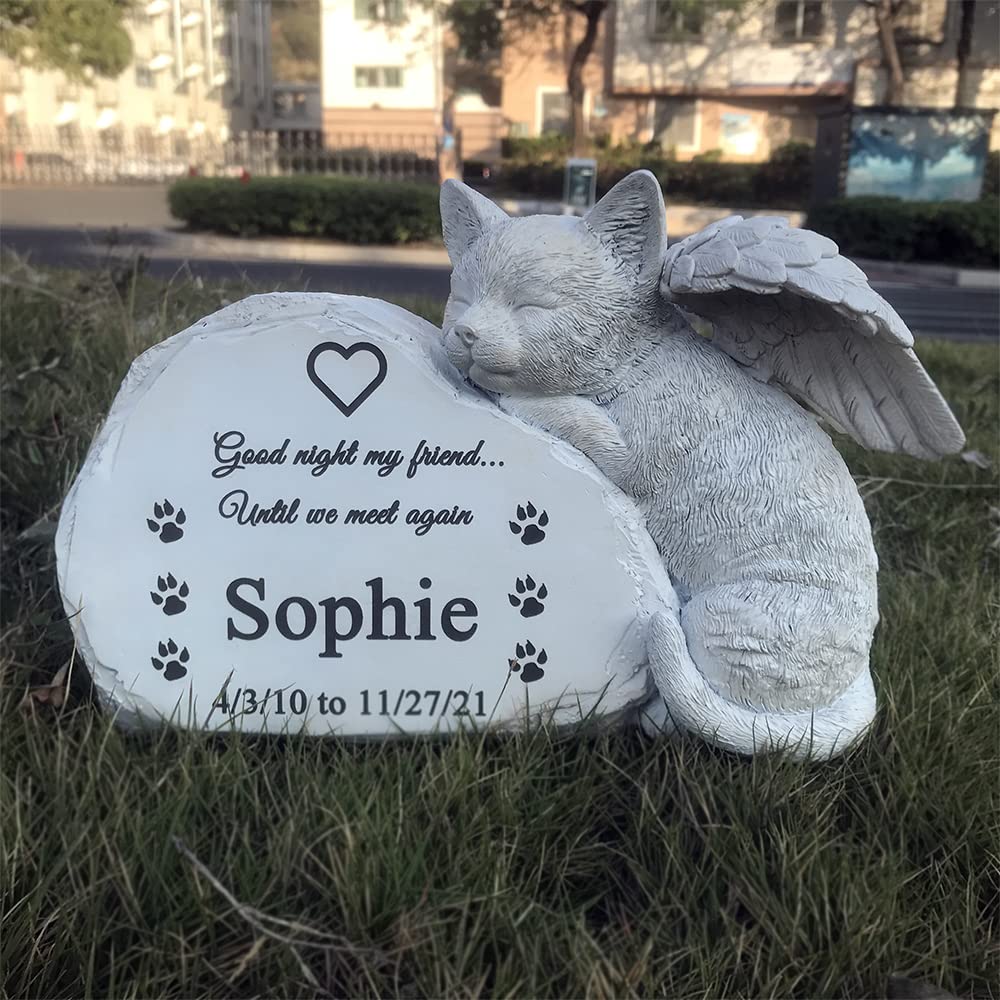 WouND Personalisierter Gedenkstein für Haustierkatzen mit schlafender Katze, Engelsstatue, Katzen-Grabmarkierungen, Grabstein für den Außenbereich, Garten, Einheitsgröße, vollfarbig