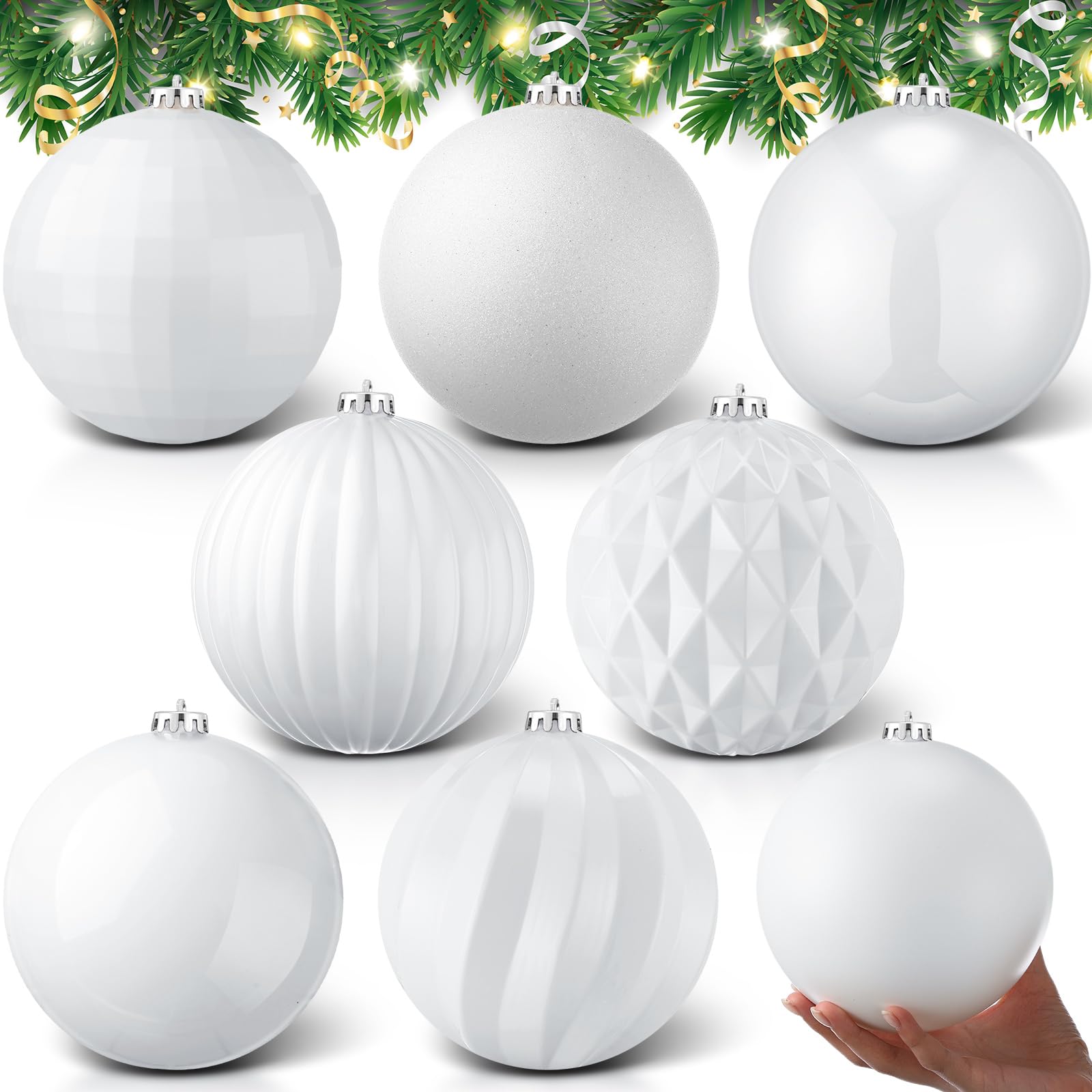 Zubebe 8 Pcs 6"(150 Mm) Large Christmas Balls Ornaments 8 Styles Giant Plastic Christmas Balls Oversized Huge Big Hanging Outdoor Ornaments for Holiday Party Xmas Tree Decor(White)