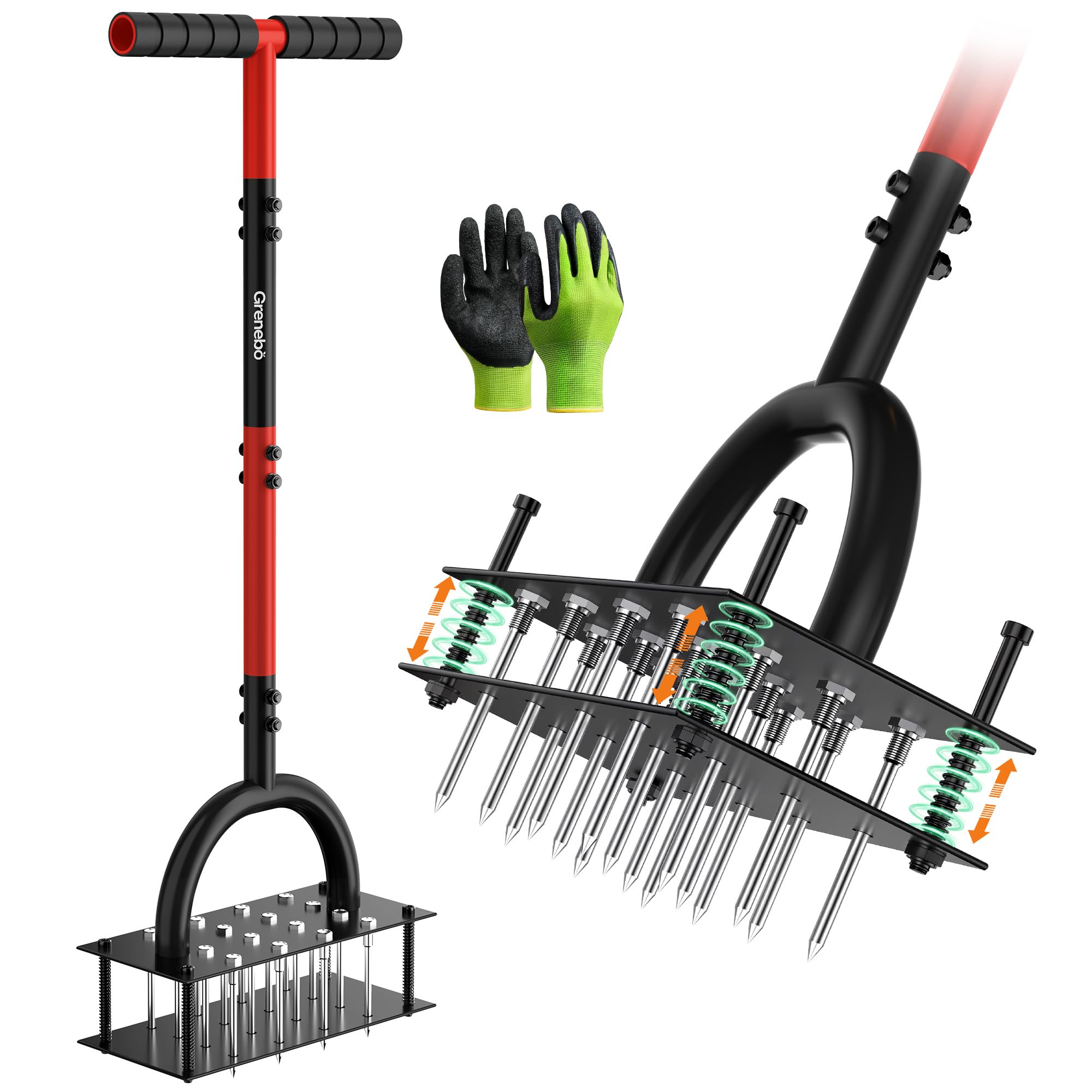 Grenebo Rasenbelüfter – Handbelüfter mit 16 Stacheln, Metall-Rasenbelüfter für den Garten, Rasenbelüftung, automatischer Bodenauswurf (schwarz-rot)