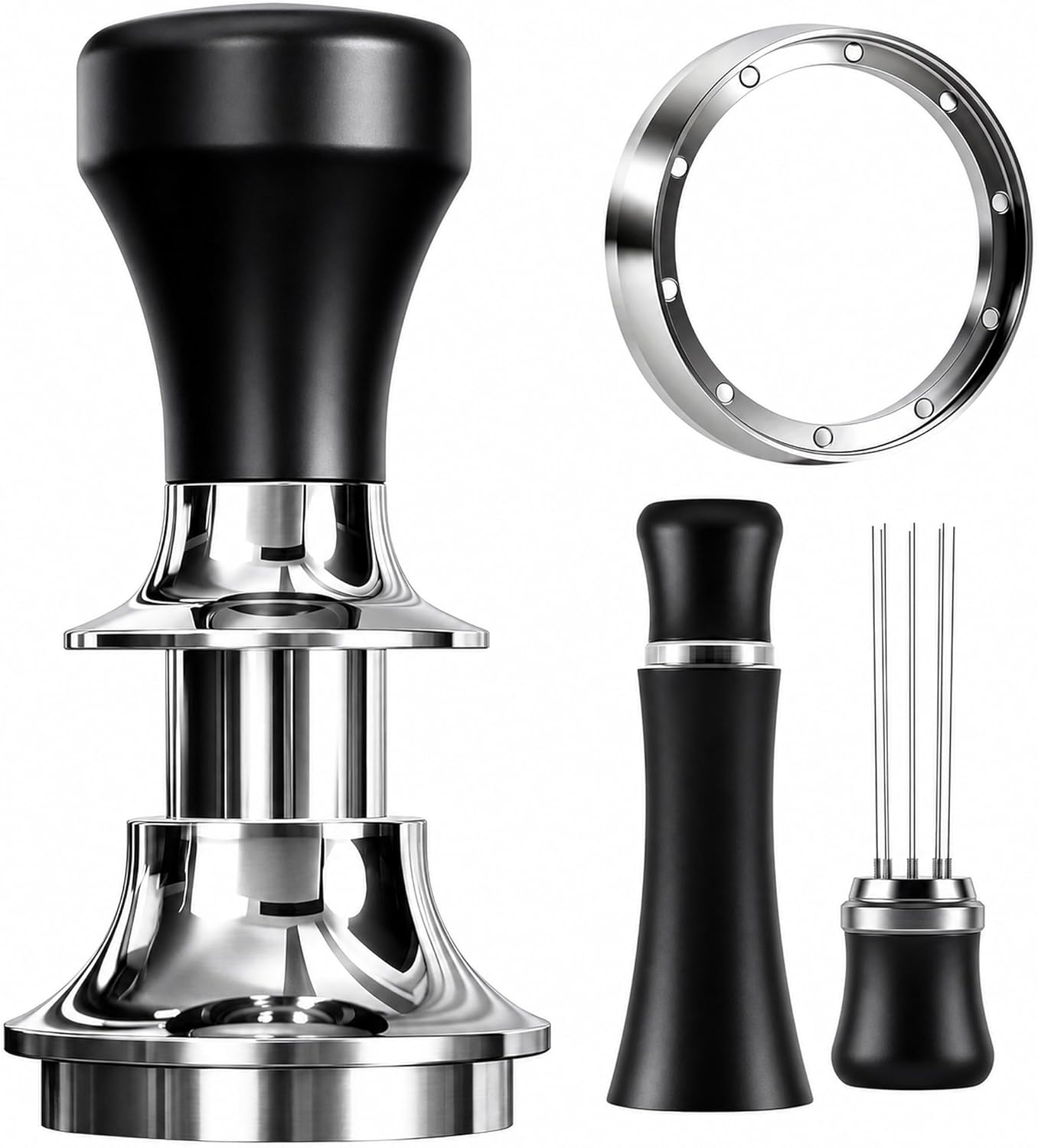 Reoszeank 51mm Espresso Accessories Kit, 30lb Spring Loaded Calibrated Tamper, Aluminum WDT Tool and Stainless Steel Dosing Funnel Set Fits Delonghi CASABREWS and atatix 51 mm Espresso Coffee Machines