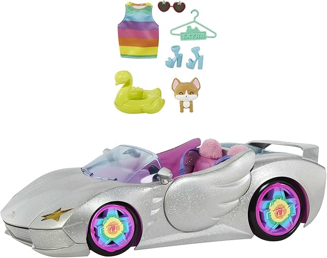 Barbie Extra Vehicle, Sparkly Silver 2-Seater Convertible Car with Pink Interior, Puppy & Pet Pool, 1 Top & 2 Pairs of Shoes, Gift for 3 Year Olds & Up