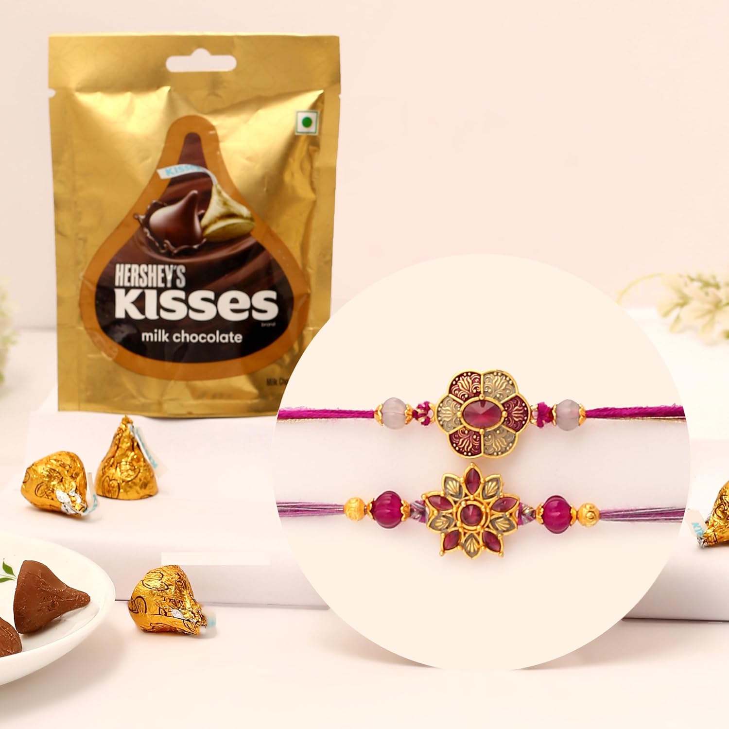 The Purple Tree Raksha Bandhan Gift Combo with Rakhi and Premium Milk Chocolates | 2 pc Purple Kundan Rakhis for Brother with chocolate, Roli Chawal and card | Rakshabandhan Gift Hamper for Bhai