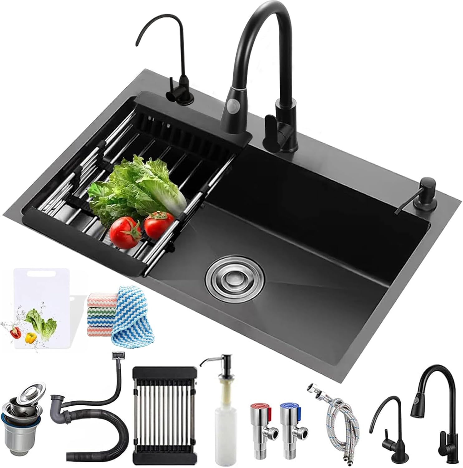 Black Kitchen Sink, Stainless Steel Single Bowl Sink, Embedded/Top Mounted Workbench Sinks With Sliding Accessories, Workbench Sink With Multiple Accessories (23.6 x 17.7 in)