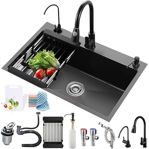 Black Kitchen Sink, Stainless Steel Single Bowl Sink, Embedded/Top Mounted Workbench Sinks With Sliding Accessories, Workbench Sink With Multiple Accessories (31.5 x 17.7in)
