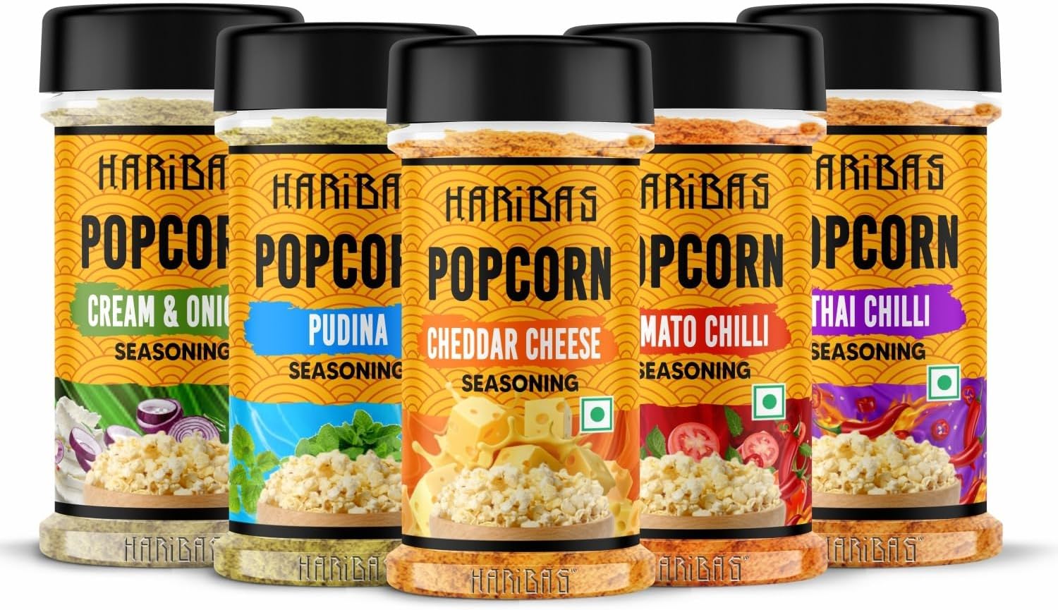 HARIBAS Combo Pack Of 5 Pop Corn Seasoning Powder | Tasty Powder 50 G Each Sprinkle On Maggie/French Fries | Cheddar Cheese Cream Butter & Onion Tomato Chilli Thai Pudina For Popcorn Nacho