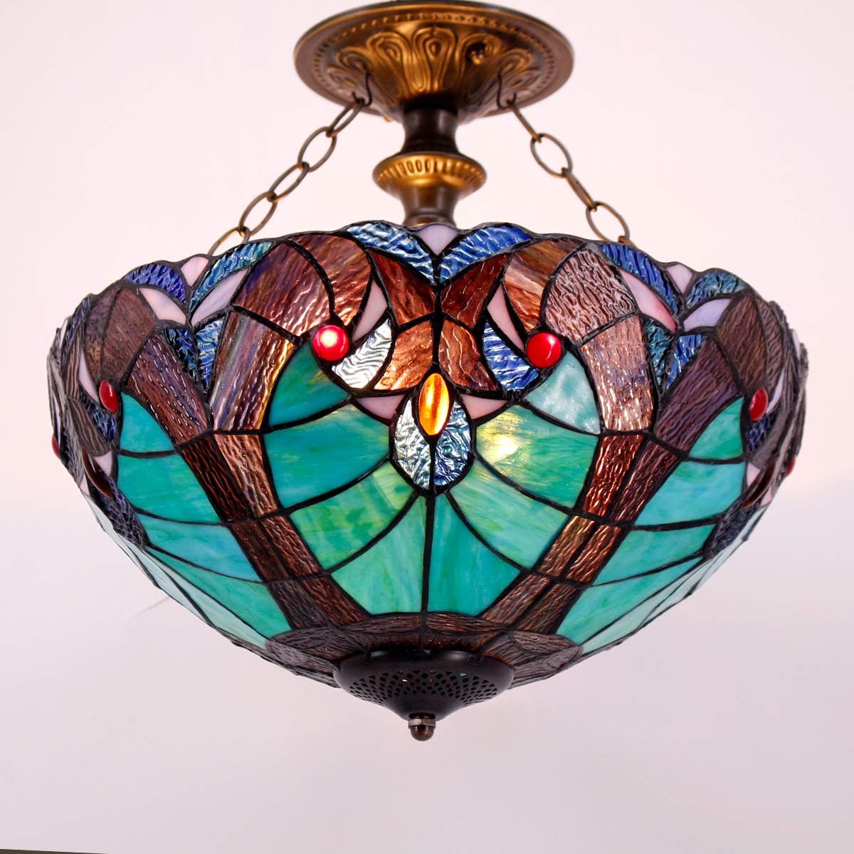WERFACTORY Tiffany Ceiling Light Fixture Green Liaison Stained Glass Semi Flush Mount Lamp Wide 16 Inch Height 15 Inch Tiffany Ceiling Lamp S160G Series