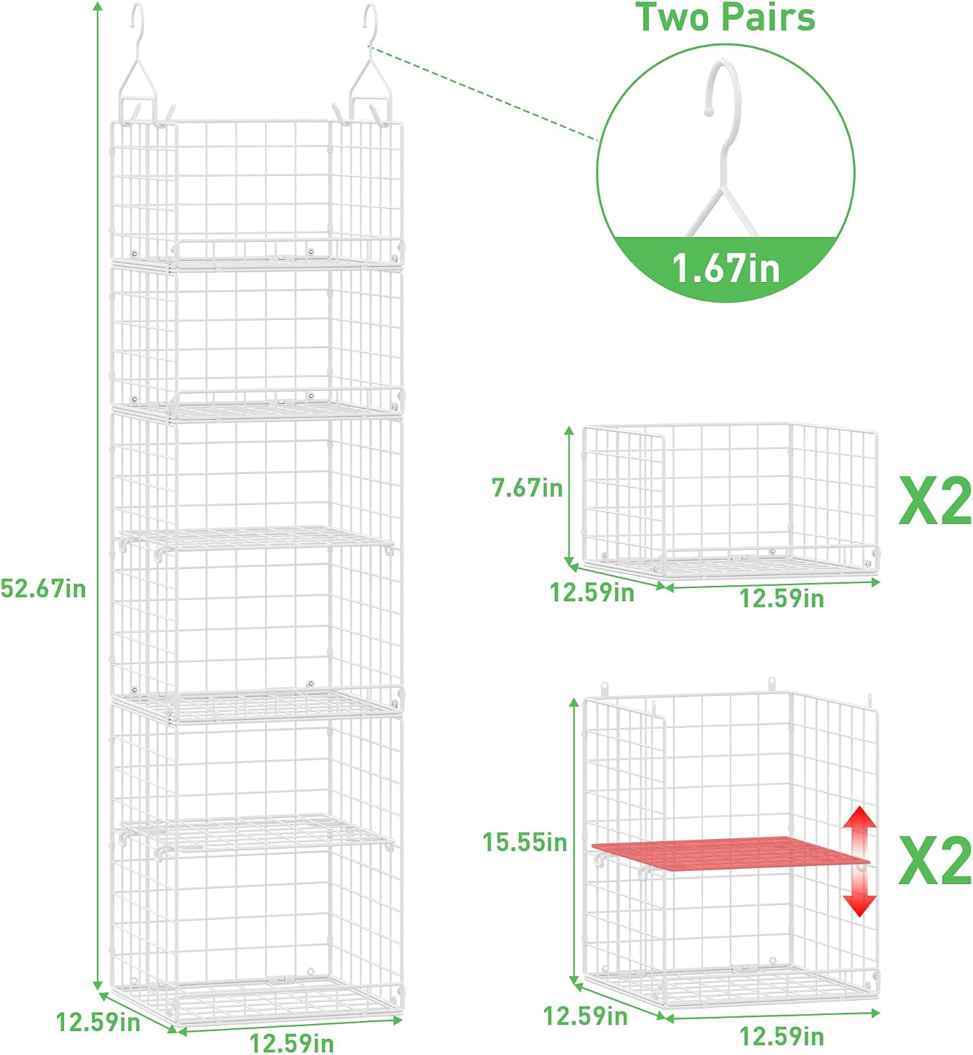 6 Tier Hanging Closet Organizers and Storage, 4 Hooks 2 Adjustable Dividers | Stackable Hanging Closet Shelves, Wire Storage Basket Bins for Clothing Purse Sweaters Shoes Socks Dolls, Foldable