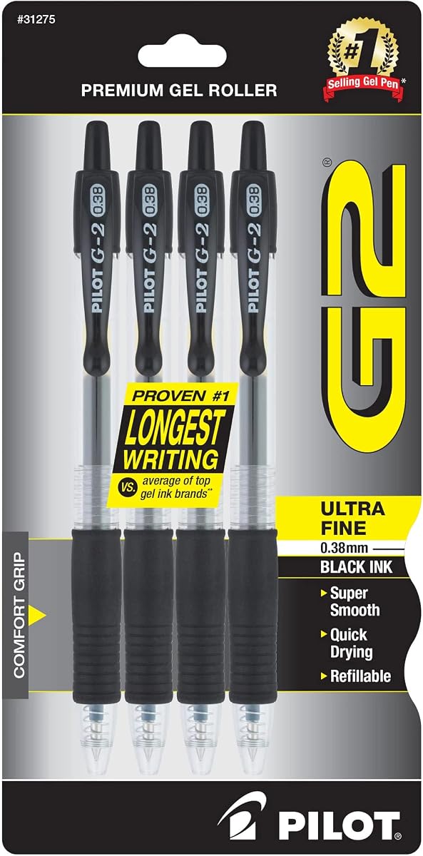 PILOT G2 Bolígrafos de gel con bola rodante premium, 0,38 mm, tinta negra, paquete de 4